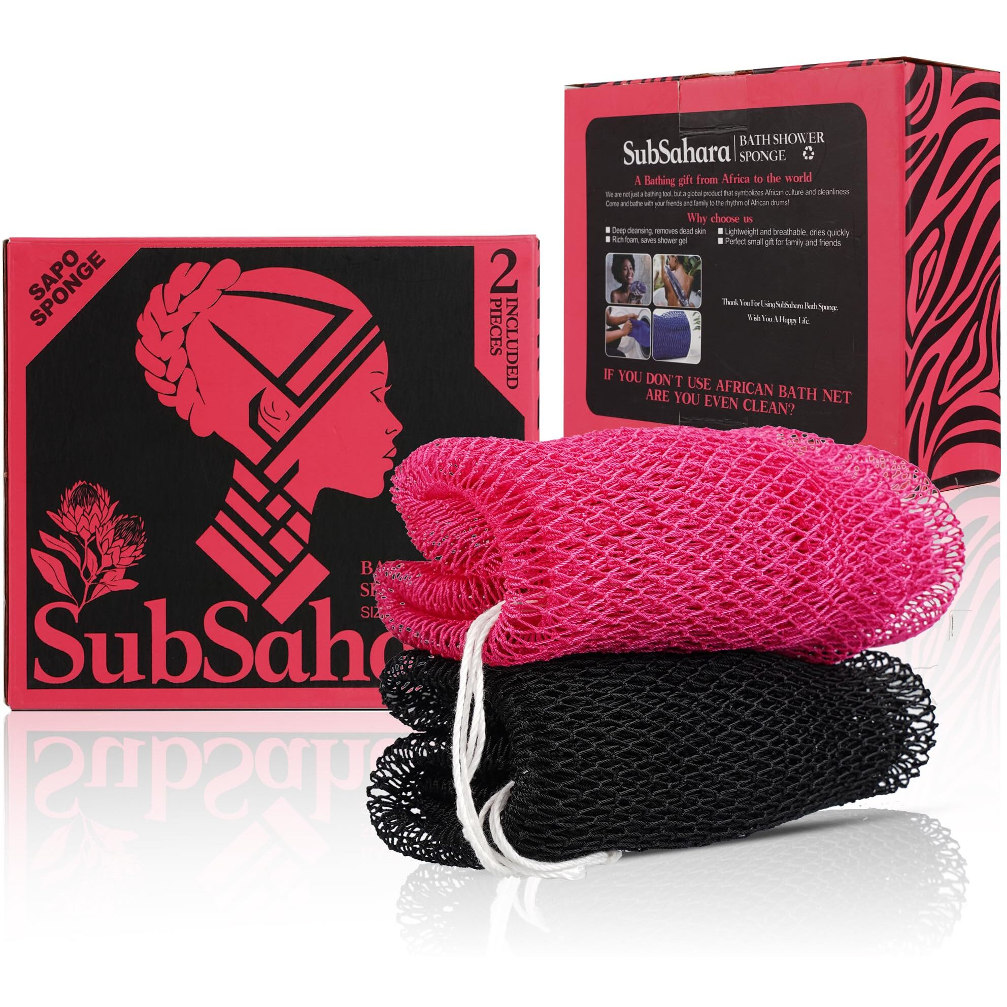 Subsahara Authentic African Net Sponge - 2 Pieces Exfoliating Scrubber For All Skin Types, Bath Sponge For Face & Body, Travel Portable, Durable, Gentle Exfoliation (Black & Pink)