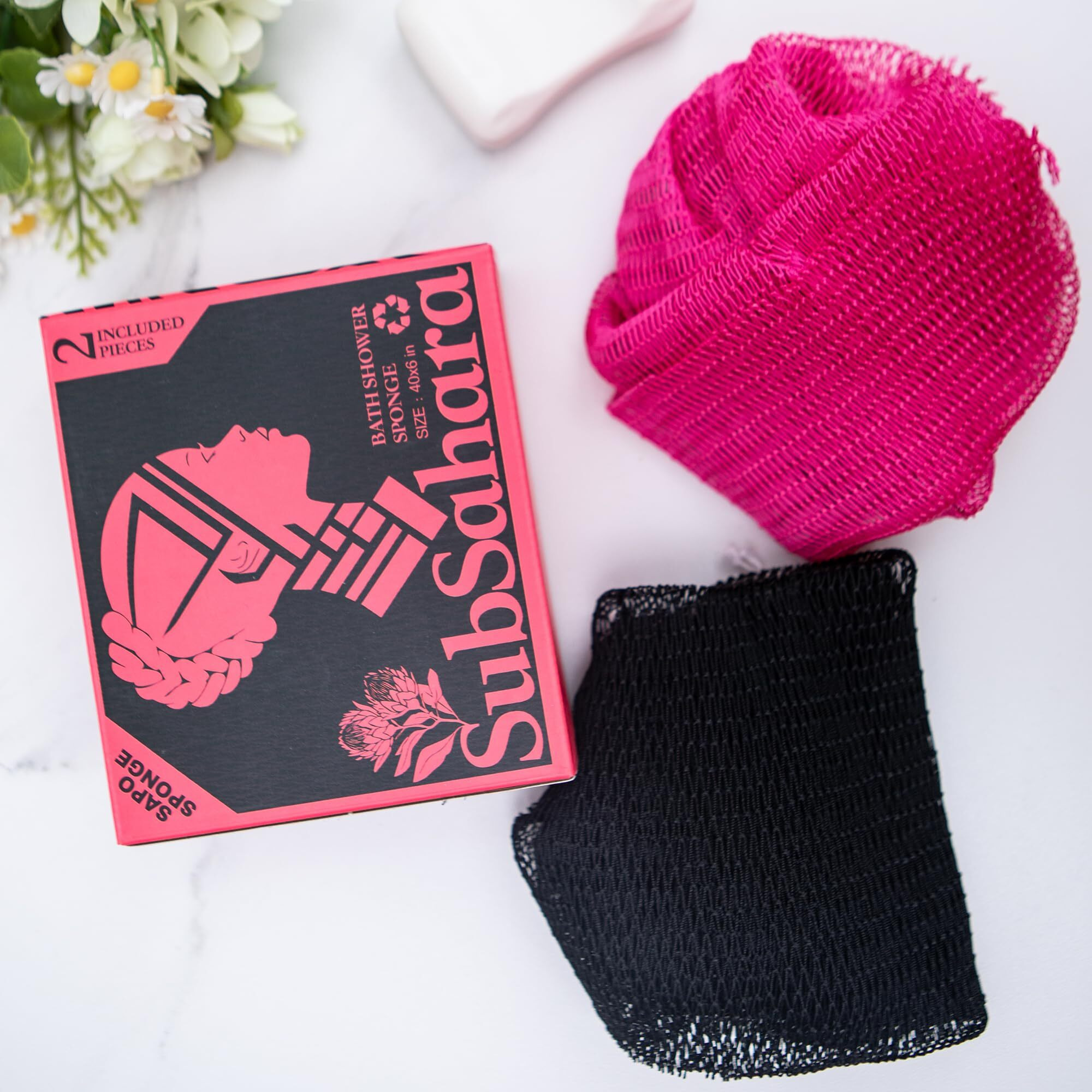 Subsahara Authentic African Net Sponge - 2 Pieces Exfoliating Scrubber For All Skin Types, Bath Sponge For Face & Body, Travel Portable, Durable, Gentle Exfoliation (Black & Pink)