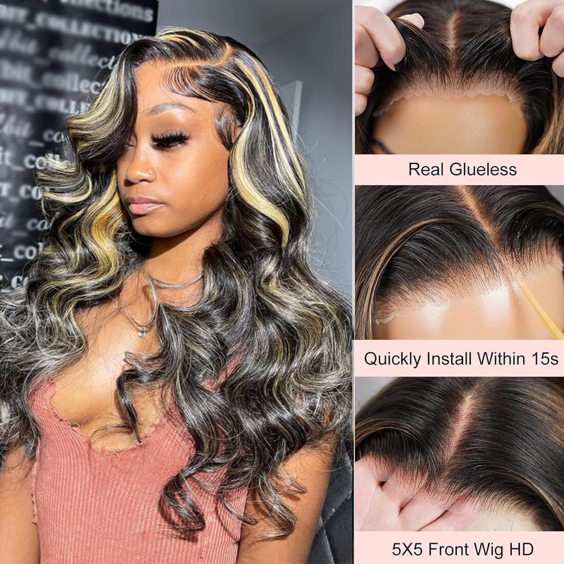 Recomtic Wear And Go Glueless 5X5 Honey Blonde Wigs Human Hair Pre Plucked Cut 1B/27 Body Wave Lace Front Wigs Human Hair For Black Women 180% Density 28Inch