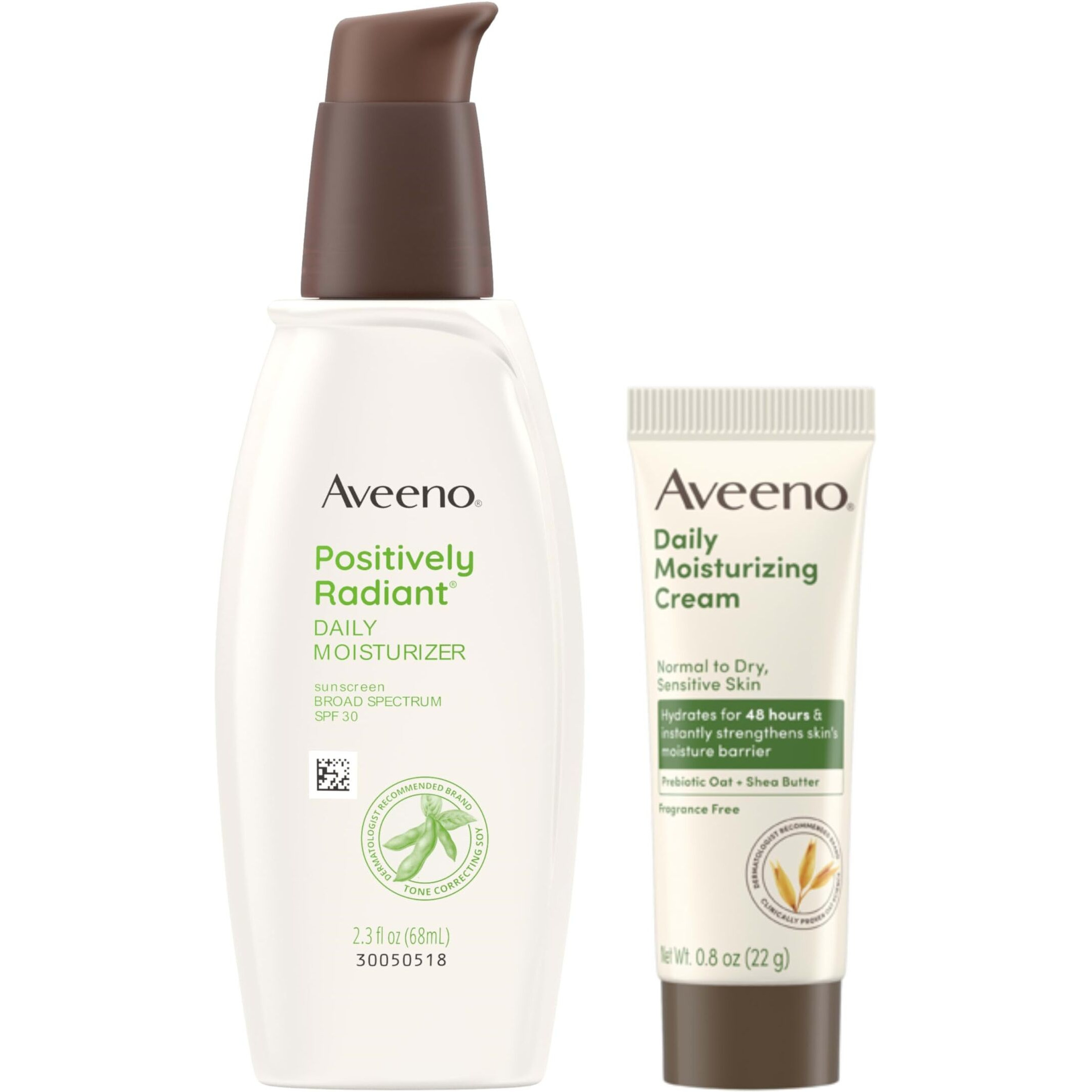 Aveeno Skincare Bundle, Positively Radiant Daily Facial Moisturizer With Spf 30 Sunscreen + Soy, 2.3 Fl. Oz, & Trial Size Daily Moisturizing Cream For Body, Face, & Hands, 0.8 Oz, Two Pack, 2 Items