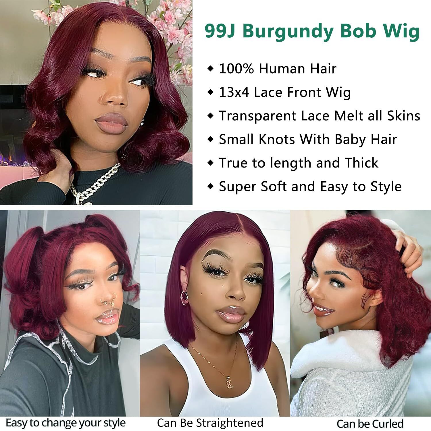 99J Burgundy Bob Wig Human Hair 13X4 Frontal Lace Wig 14 Inch Body Wave Hd Lace Front Wigs Human Hair Pre Plucked 180% Density Glueless Wine Red Bob Wigs For Women (99J Burgundy, 14 Inch)