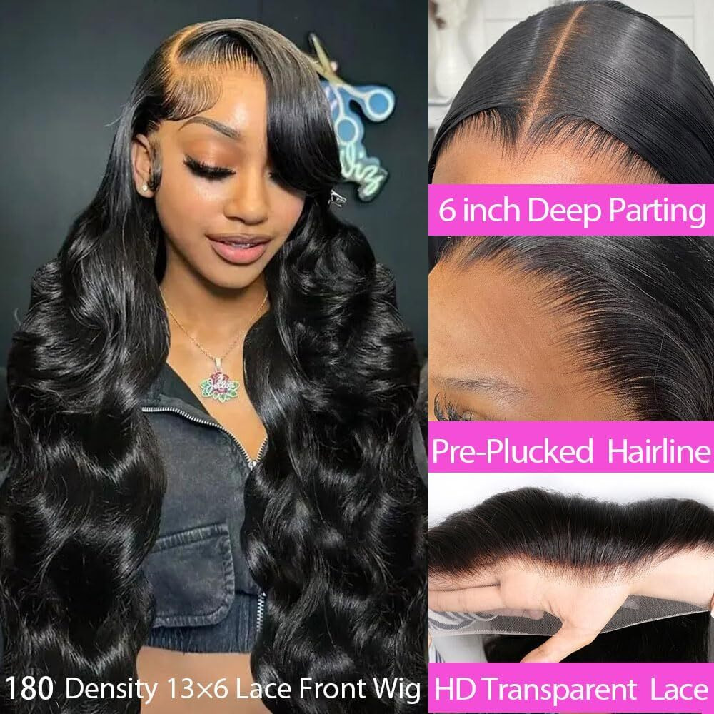13X6 Lace Front Wigs Human Hair 180 Density Body Wave Lace Front Wigs Pre Plucked Brazilian 13X6 Hd Lace Frontal Wigs Glueless Wigs Human Hair Wig For Women 34 Inch