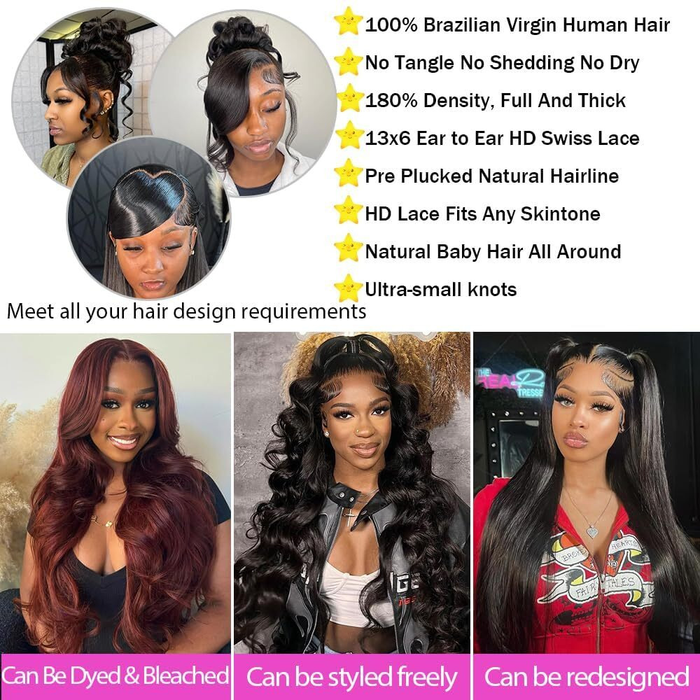 13X6 Lace Front Wigs Human Hair 180 Density Body Wave Lace Front Wigs Pre Plucked Brazilian 13X6 Hd Lace Frontal Wigs Glueless Wigs Human Hair Wig For Women 34 Inch