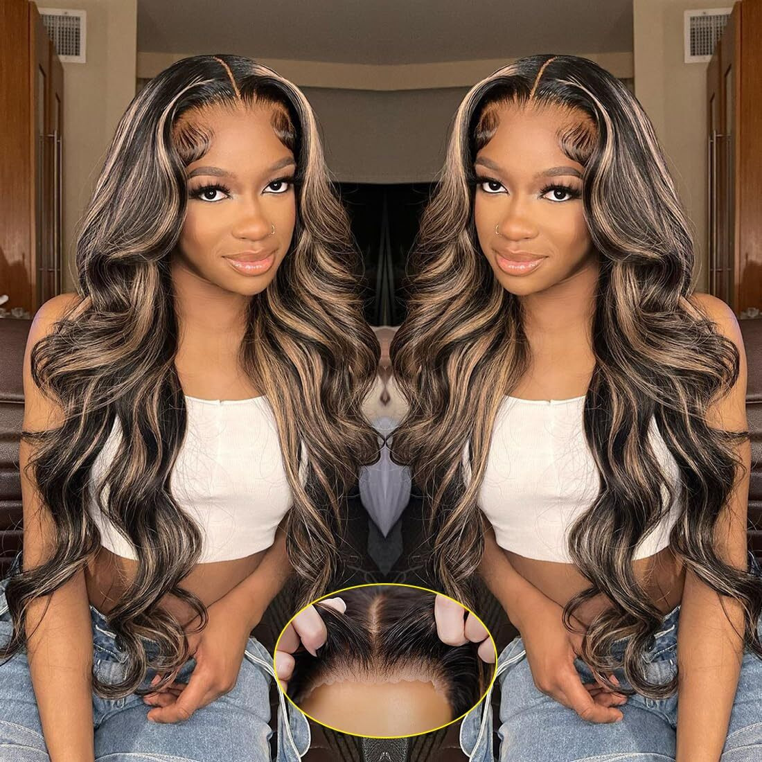 Recomtic Glueless Wigs Human Hair Pre Plucked Pre Cu Thighlight Wear And Go 1B/27 5X5 Hd Lace Closure Wigs Honey Blonde Body Wave Lace Front Wigs Human Hair For Women 22Inch