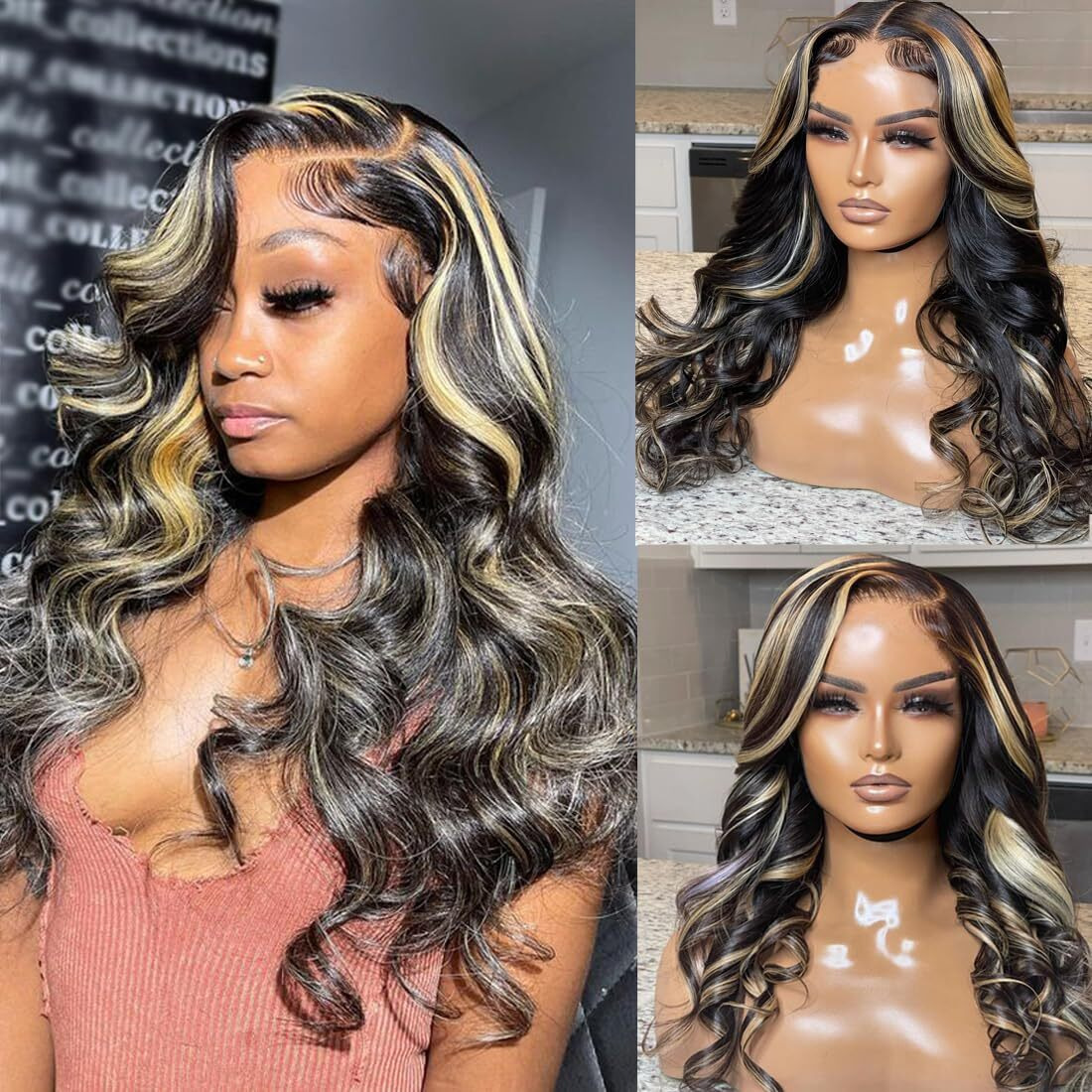 Recomtic Glueless Wigs Human Hair Pre Plucked Pre Cu Thighlight Wear And Go 1B/27 5X5 Hd Lace Closure Wigs Honey Blonde Body Wave Lace Front Wigs Human Hair For Women 22Inch