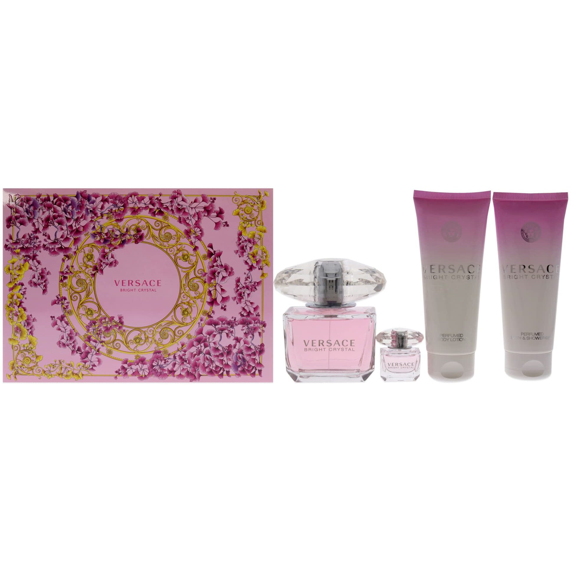 Versace Versace Bright Crystal 3Oz Edt Spray, 3.4Oz Perfumed Body Lotion, 3.4Oz Perfumed Bath And Shower Gel, 5Ml Edt Splash Mini Women 4 Pc Gift Set, Packaging May Vary