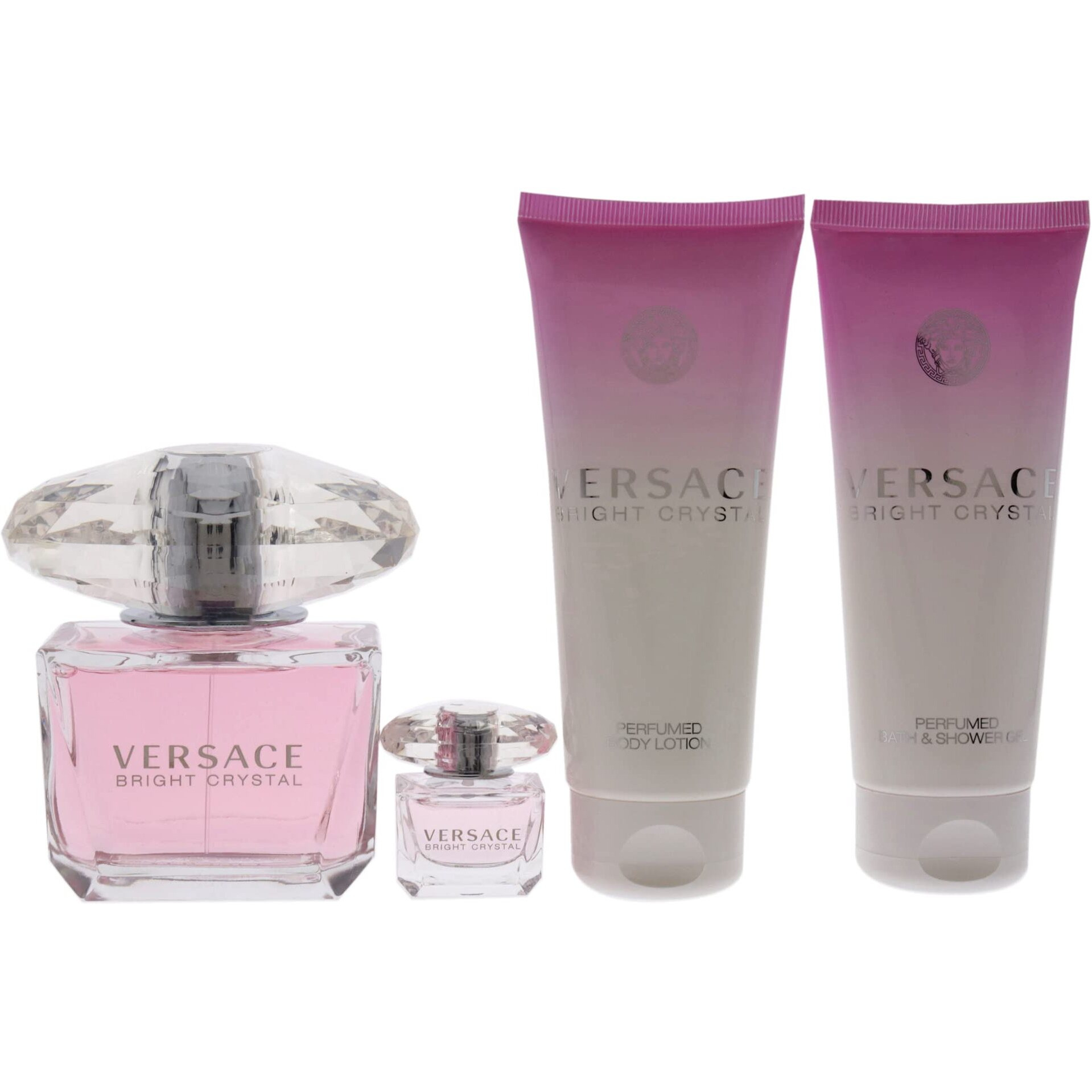 Versace Versace Bright Crystal 3Oz Edt Spray, 3.4Oz Perfumed Body Lotion, 3.4Oz Perfumed Bath And Shower Gel, 5Ml Edt Splash Mini Women 4 Pc Gift Set, Packaging May Vary