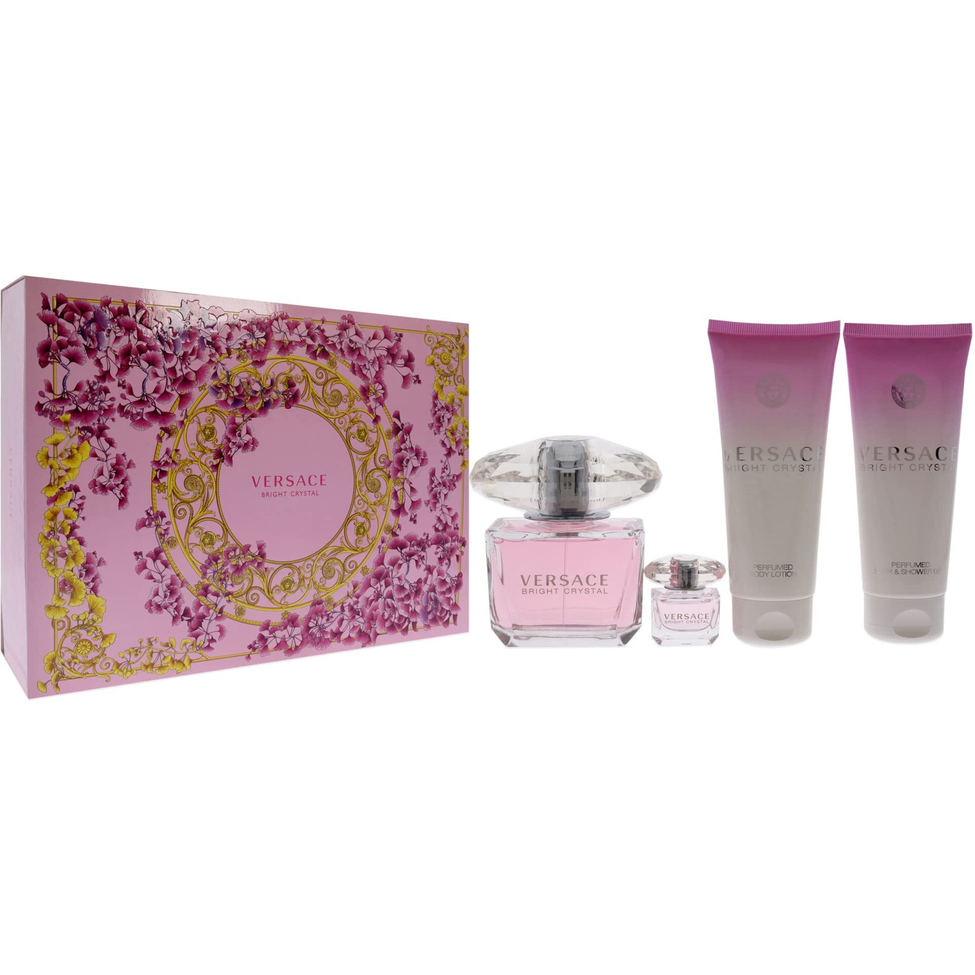 Versace Versace Bright Crystal 3Oz Edt Spray, 3.4Oz Perfumed Body Lotion, 3.4Oz Perfumed Bath And Shower Gel, 5Ml Edt Splash Mini Women 4 Pc Gift Set, Packaging May Vary