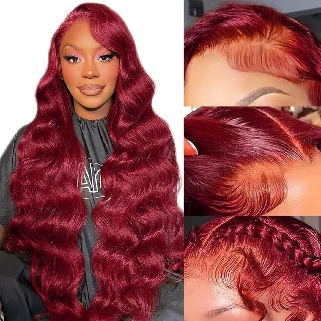 Aaliweya 34 Inch 99J Burgundy Lace Front Wigs Human Hair 13X4 Wine Red Colored Body Wave Frontal Wigs For Women 180% Density Full And Thick Pre Plucked Glueless Hd Transparent Lace Wigs
