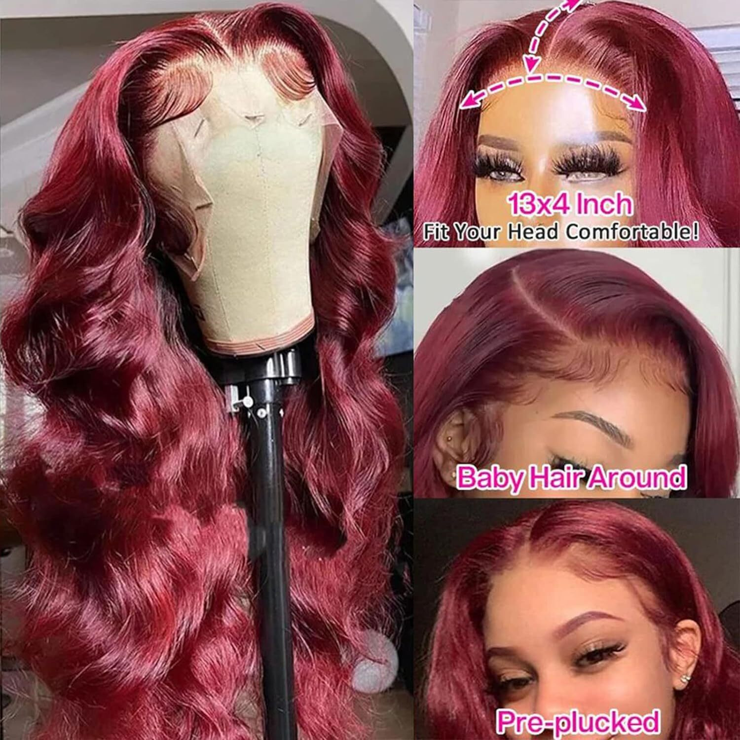 Aaliweya 34 Inch 99J Burgundy Lace Front Wigs Human Hair 13X4 Wine Red Colored Body Wave Frontal Wigs For Women 180% Density Full And Thick Pre Plucked Glueless Hd Transparent Lace Wigs