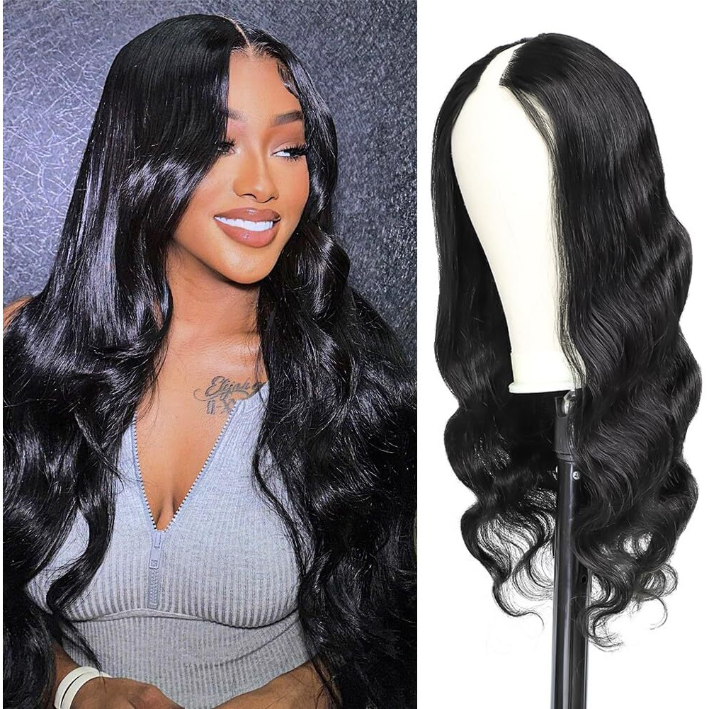 Ragmzze V Part Wig Human Hair Body Wave Upgrade U Part Glueless Wigs Human Hair Pre Plucked Pre Cut For Black Women 180% Density 4X4X1 Inch Middle Net Clip In Half Wig Natural Black 32 Inch