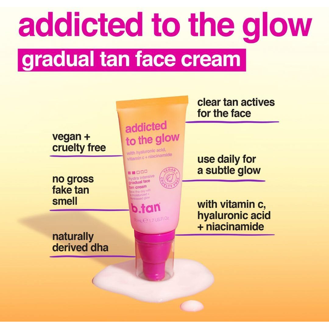 B.Tan Gradual Self Tan Face Lotion | Addicted To The Glow - Daily Faical Tanning Cream For A Sunkissed Dark Bronze, Best Sunless Moisturizer, Hydrating Vitamin C, Travel Size, No Fake Tanner Smell