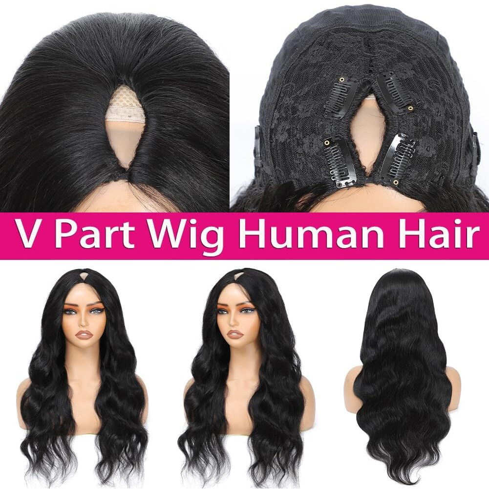 Nzinzi V Part Wig Human Hair Body Wave Upgrade U Part Human Hair Wig With Clips Glueless Wigs Human Hair Beginner Friendly V Shape Clip In Half Wigs For Women No Leave Out 180% Density 34 Inch