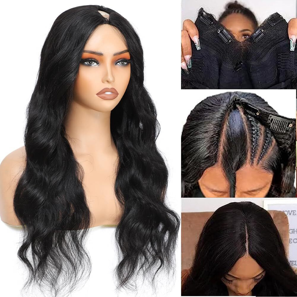 Nzinzi V Part Wig Human Hair Body Wave Upgrade U Part Human Hair Wig With Clips Glueless Wigs Human Hair Beginner Friendly V Shape Clip In Half Wigs For Women No Leave Out 180% Density 34 Inch