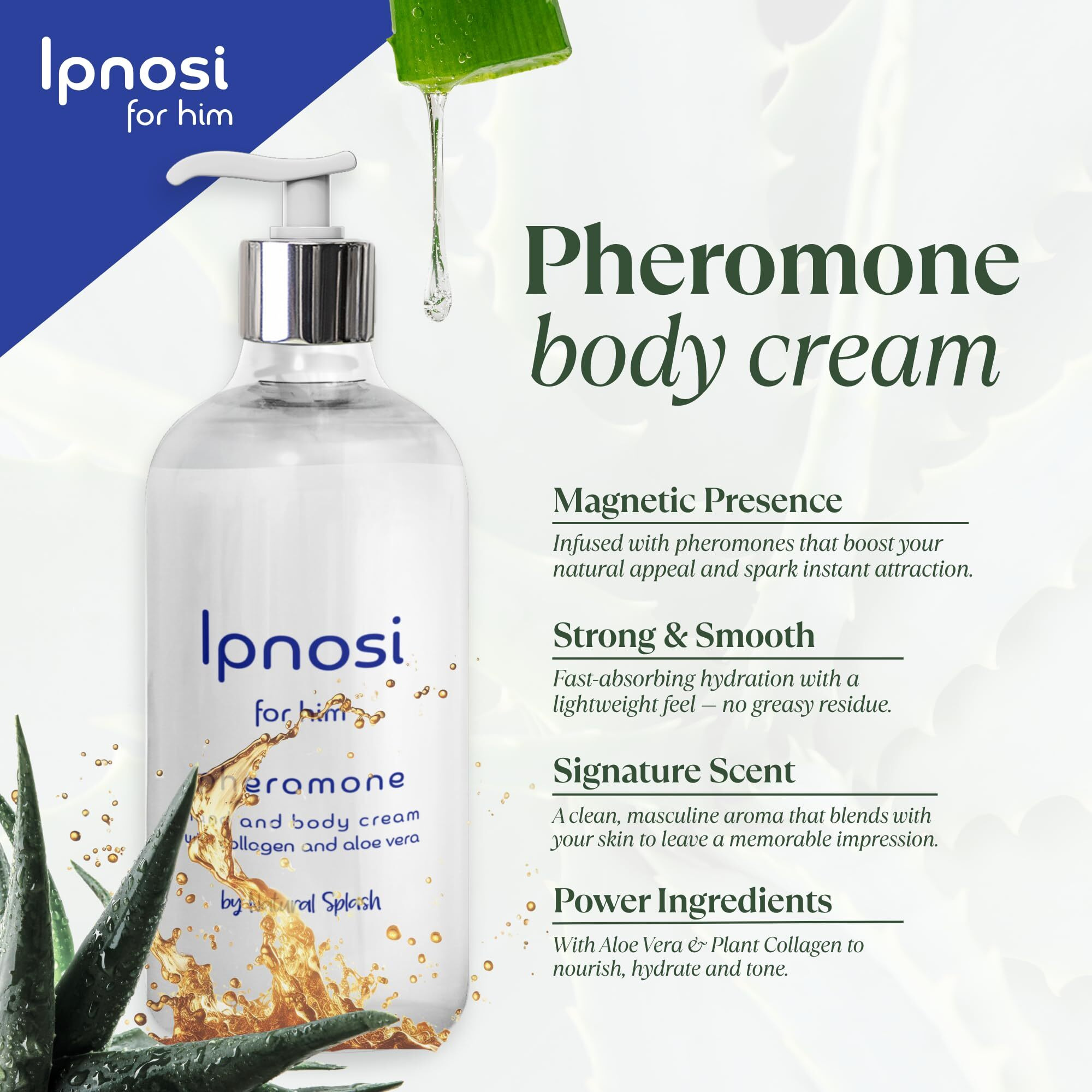 Ipnosi Pheromone Body Cream For Men, Confidence-Boosting Hydrating Lotion For Hands & Body, Fast Absorbing With Aloe & Collagen, Long-Lasting Scent By Natural Splash - 8.45 Fl Oz