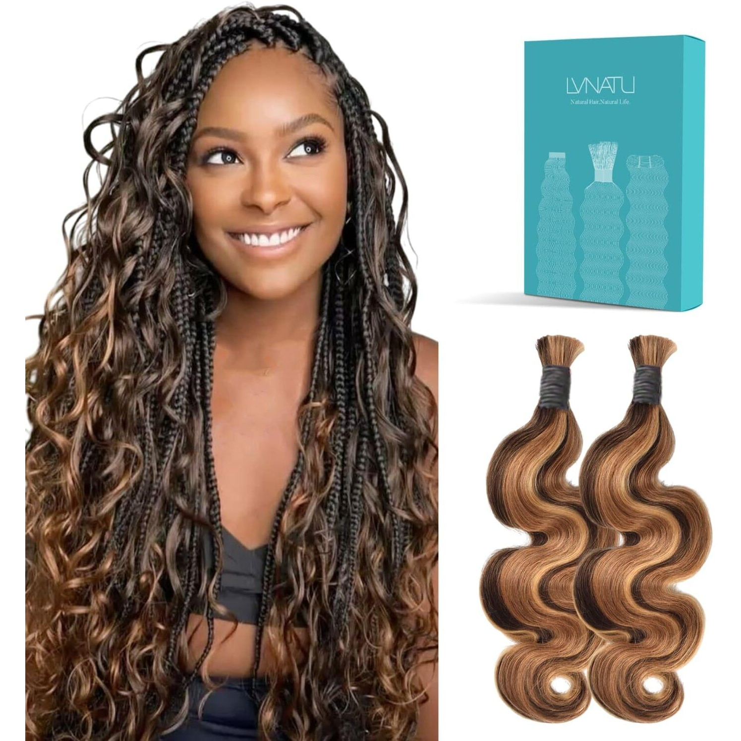 Lvnatu 4/27 Boho Human Hair Highlight Blonde Brown Body Wave For Braids Braiding Bohemian Knotless Bulk No Weft 2 Bundles 100G 22 Inch - Easy To Install For Salon/Home/Beginners