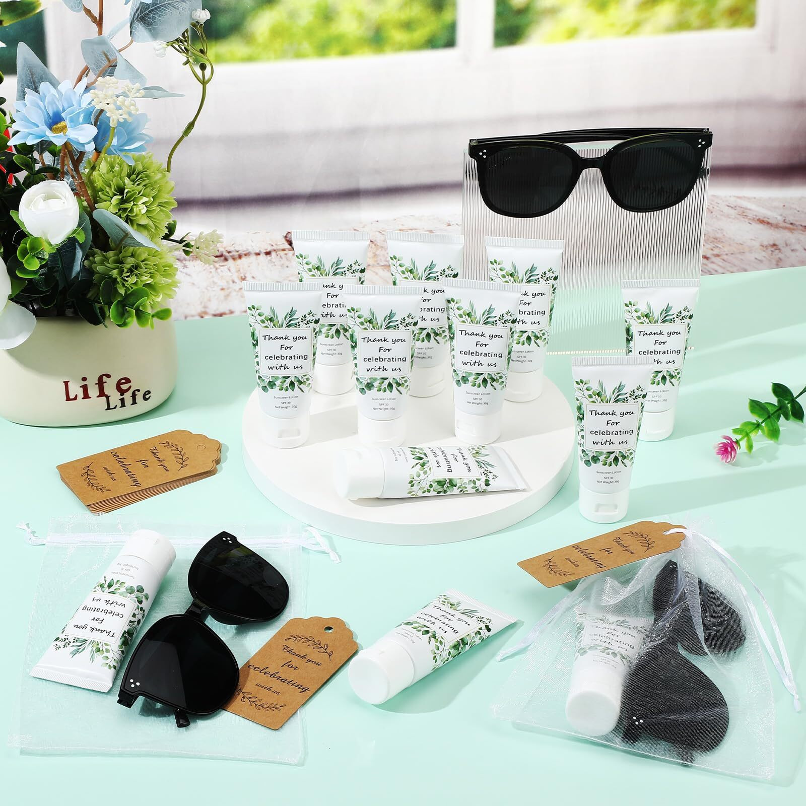 Dansib 12 Sets Mini Sunscreen And Sunglasses Bulk For Wedding Party Spf30 Water Resistant Sunscreen Lotion Bulk 1Oz Travel Size For Thank You Gifts Wedding Party Supplies (Eucalyptus)