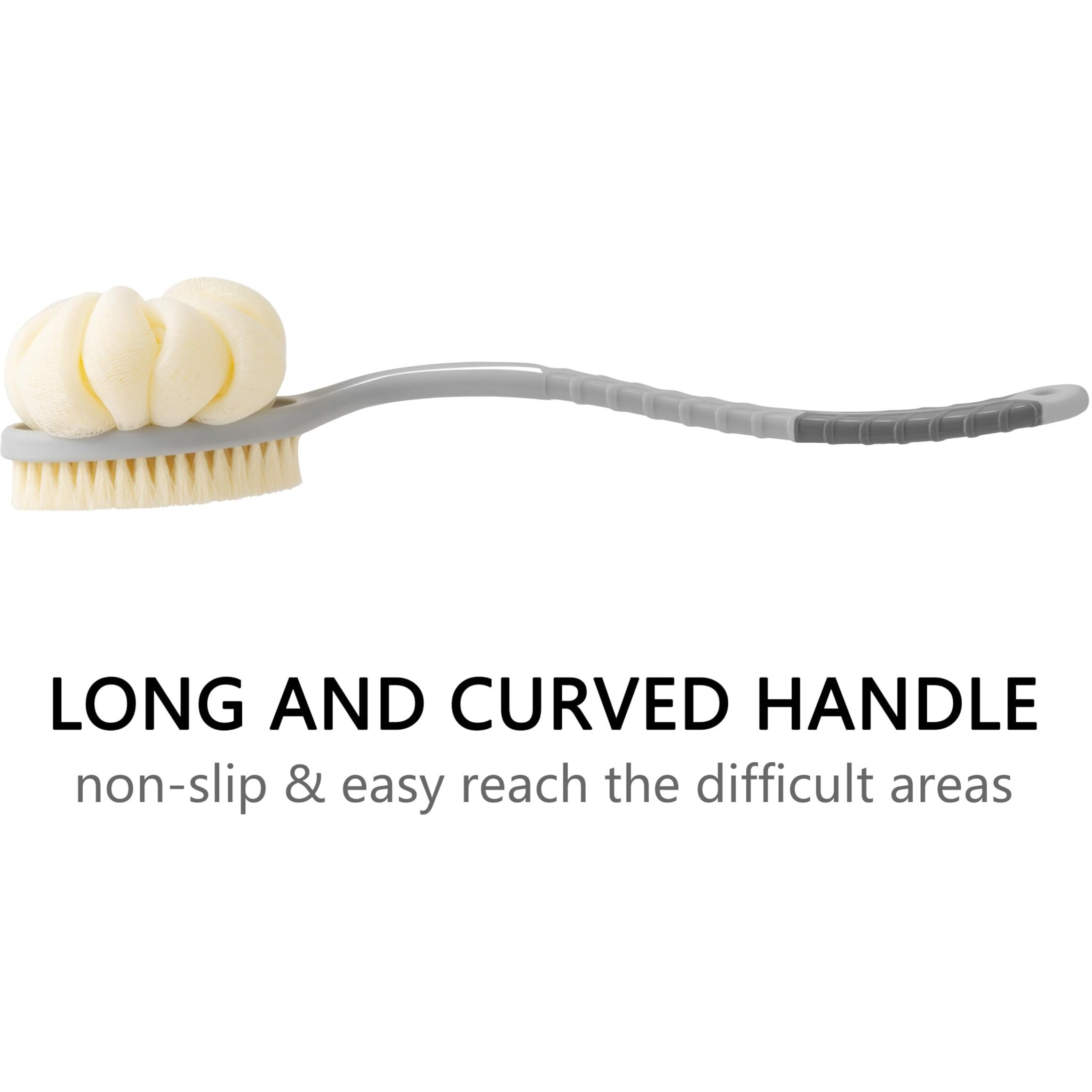 Arswin Shower Body Brush With Bristles And Large Pumpkin Loofah,Back Scrubber Bath Mesh Sponge With Anti-Slip Curved Long Handle For Skin Exfoliating,Massage Bristles For Wet Or Dry,Men Women (Grey)