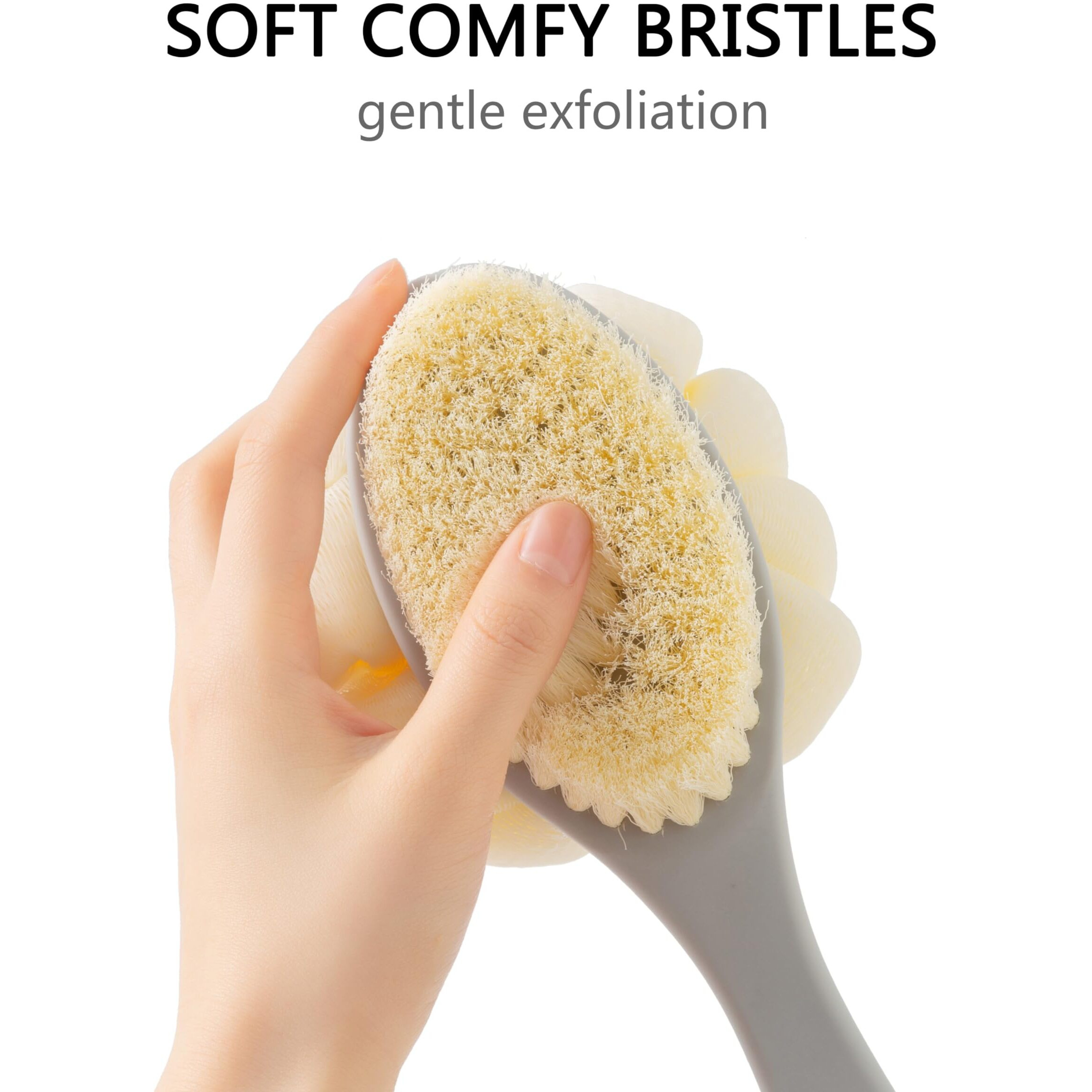 Arswin Shower Body Brush With Bristles And Large Pumpkin Loofah,Back Scrubber Bath Mesh Sponge With Anti-Slip Curved Long Handle For Skin Exfoliating,Massage Bristles For Wet Or Dry,Men Women (Grey)