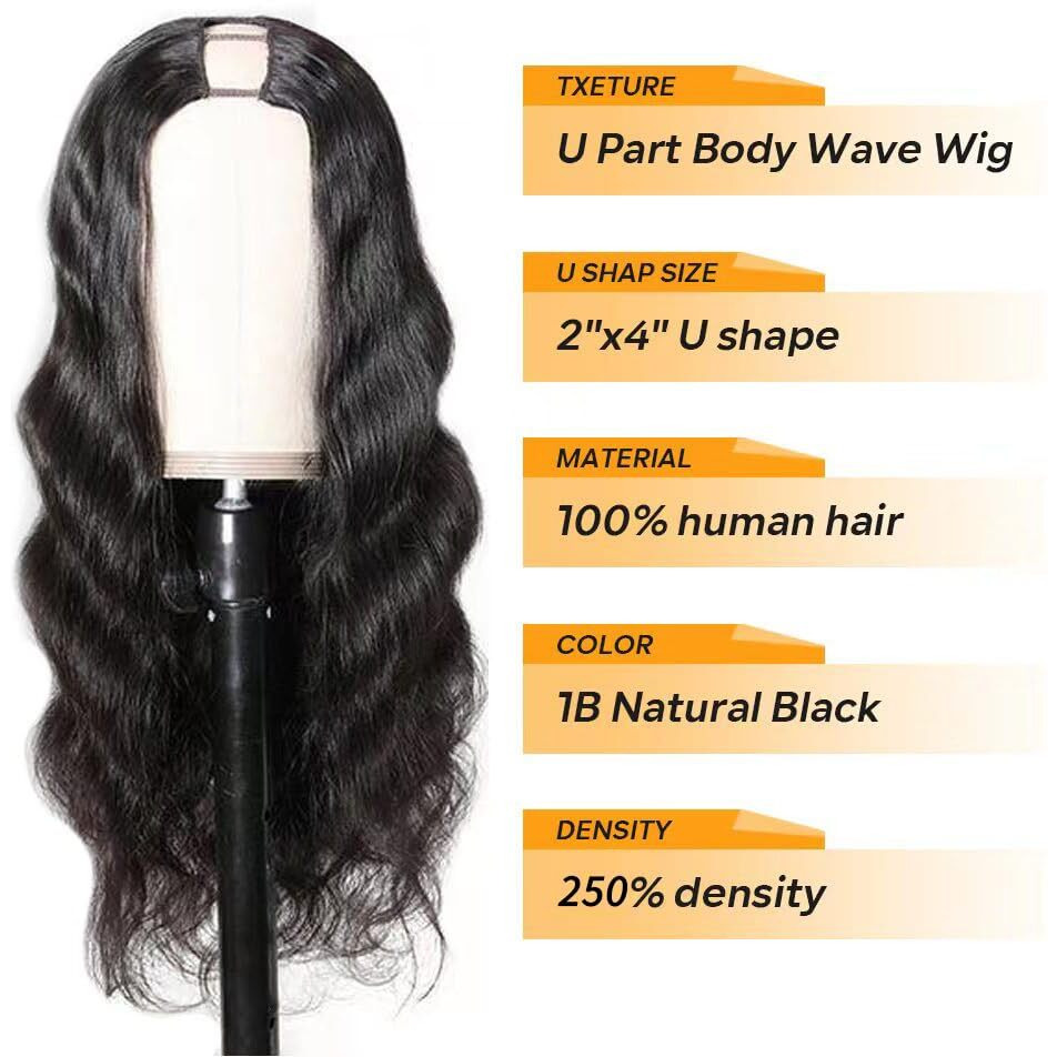 250% Density U Part Human Hair Wig Body Wave For Black Women U Part Wig Brazilian Virgin Human Hair Wig 10A Full Head Clip In Half Wig Glueless No Leave Out Lace Front Wig Natural Color 24Inch