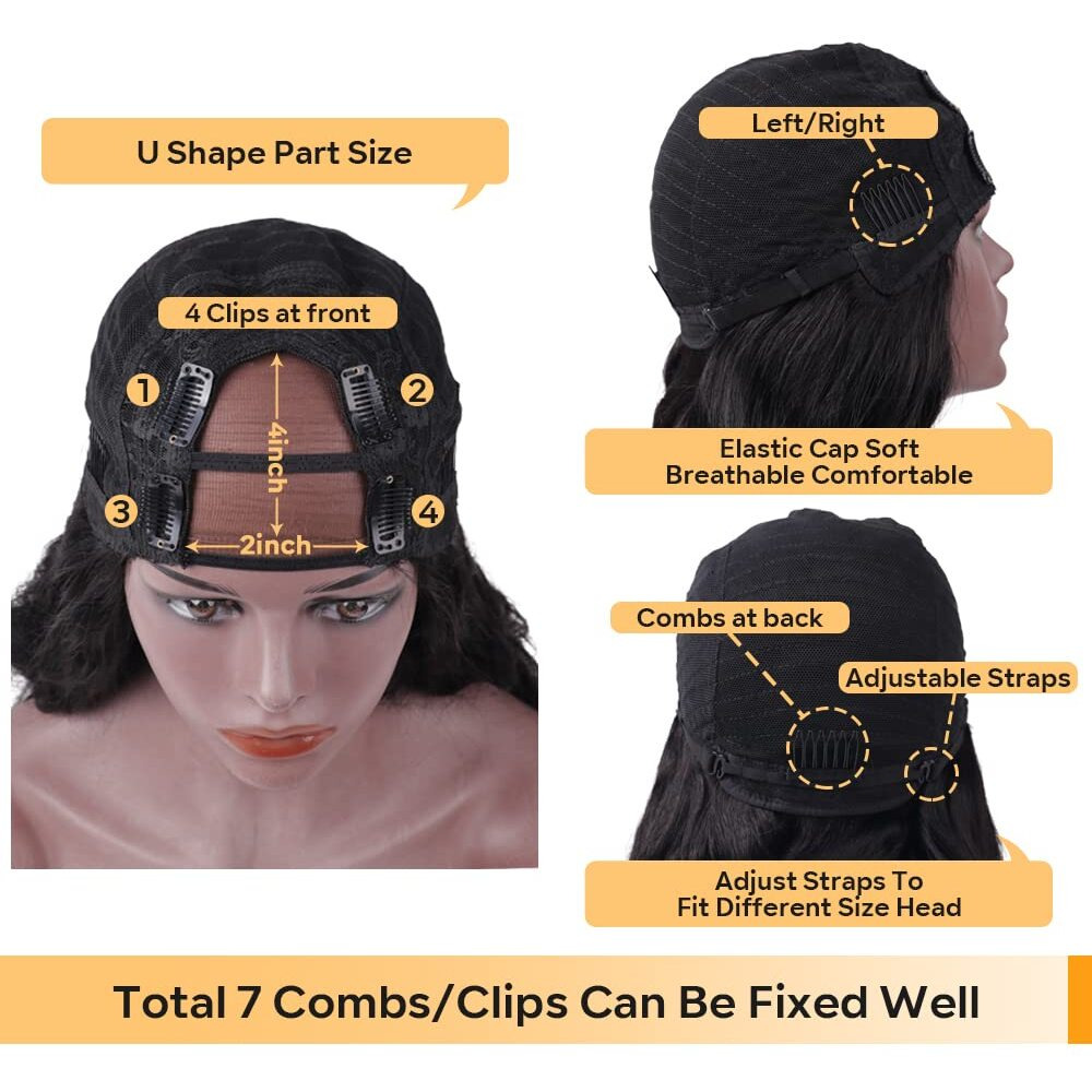 250% Density U Part Human Hair Wig Body Wave For Black Women U Part Wig Brazilian Virgin Human Hair Wig 10A Full Head Clip In Half Wig Glueless No Leave Out Lace Front Wig Natural Color 24Inch