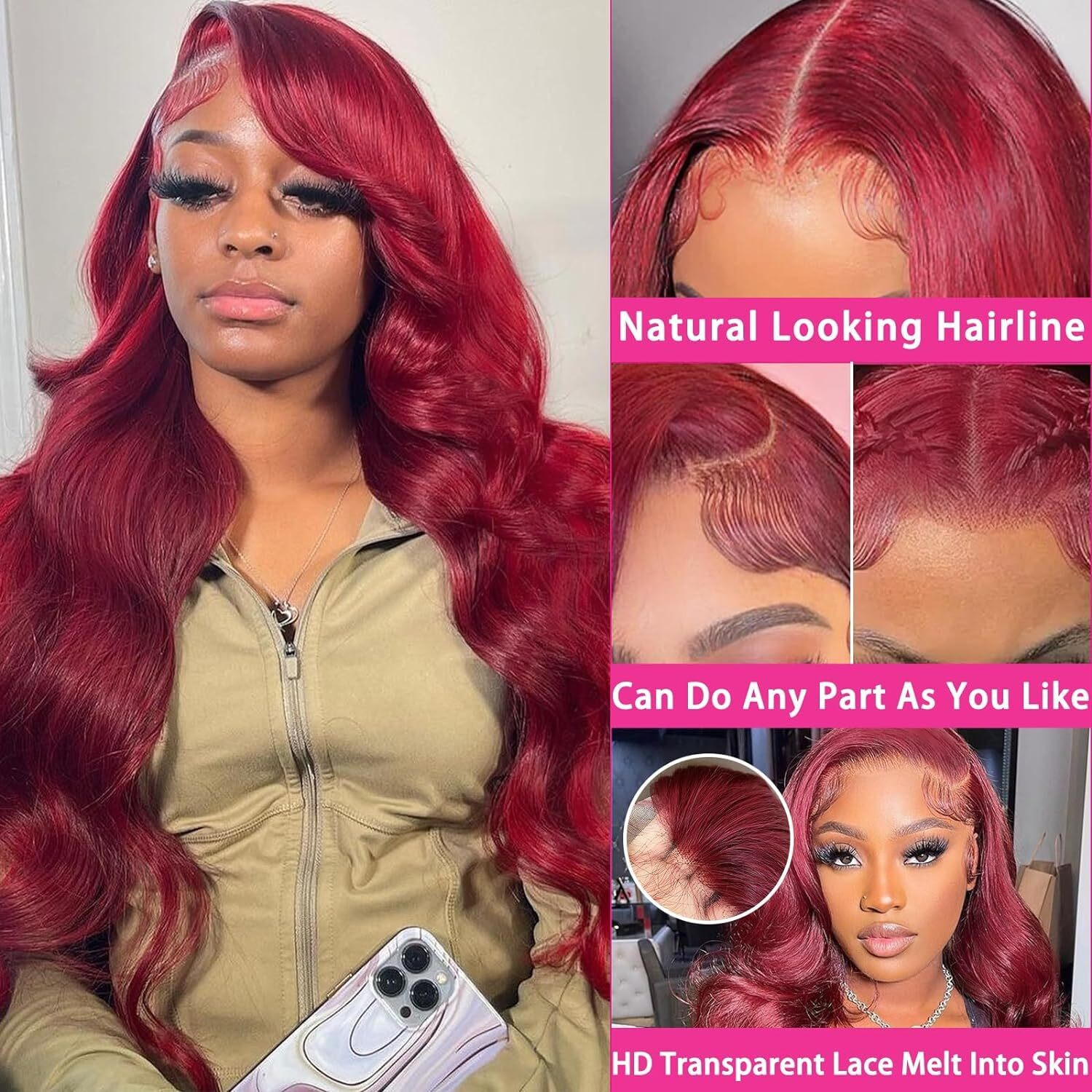 Eddfine 99J Burgundy Lace Front Wigs Human Hair 250% Density Body Wave 5X5 Hd Lace Closure Wigs Wine Red Glueless Wigs Human Hair Pre Plucked Pre Cut Wig 30 Inch