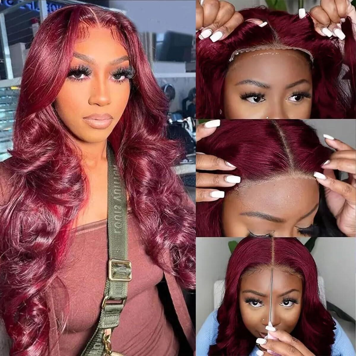 Eddfine 99J Burgundy Lace Front Wigs Human Hair 250% Density Body Wave 5X5 Hd Lace Closure Wigs Wine Red Glueless Wigs Human Hair Pre Plucked Pre Cut Wig 30 Inch