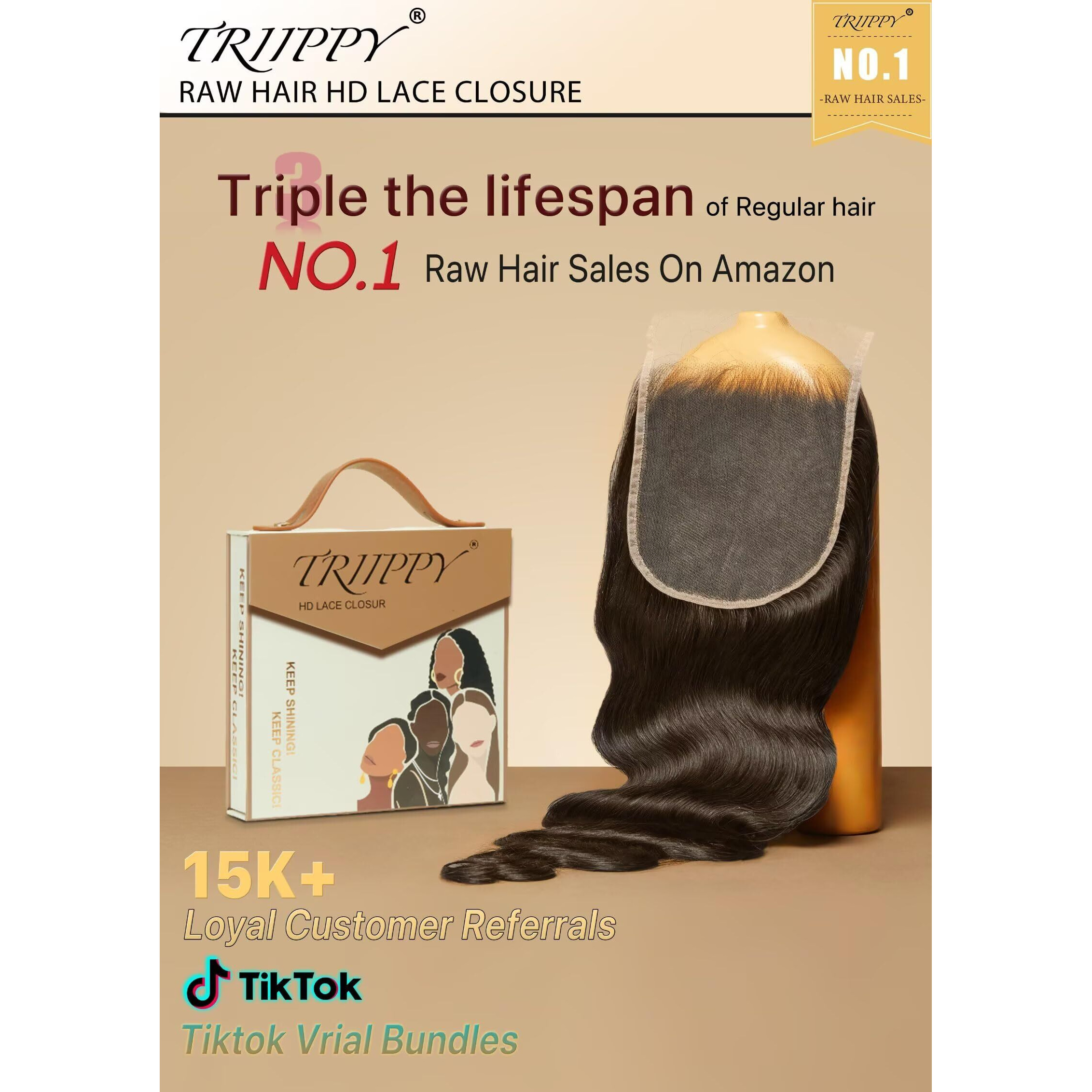 Triippy Raw Hair 6X6 Hd Lace Closure Body Wave More Less Shedding Than Regular Virgin Hair,0.10Mm Ultra-Thin 6X6 Swiss Real Hd Lace With 100% Raw Cambodian Human Hair(22 Inch)