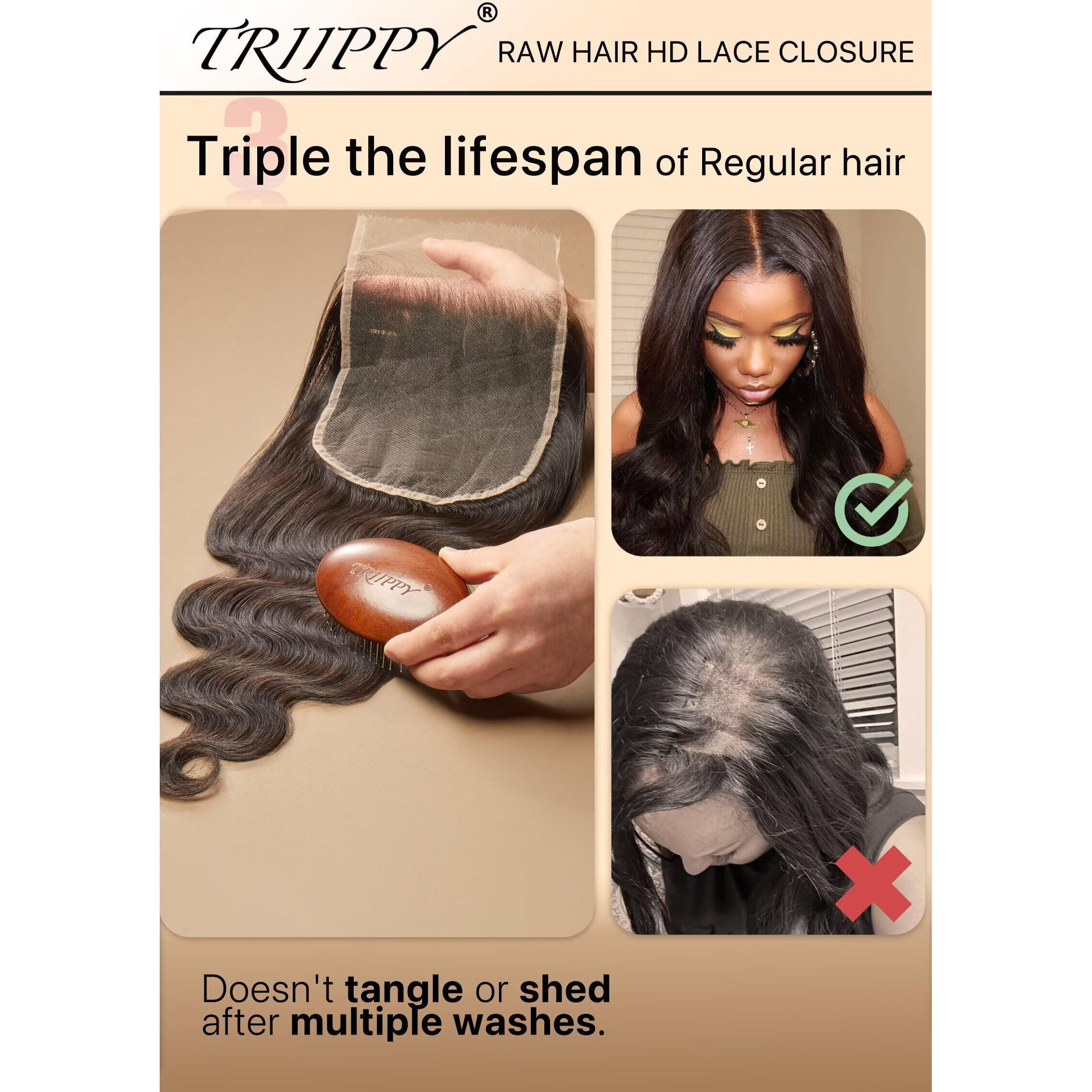 Triippy Raw Hair 6X6 Hd Lace Closure Body Wave More Less Shedding Than Regular Virgin Hair,0.10Mm Ultra-Thin 6X6 Swiss Real Hd Lace With 100% Raw Cambodian Human Hair(22 Inch)