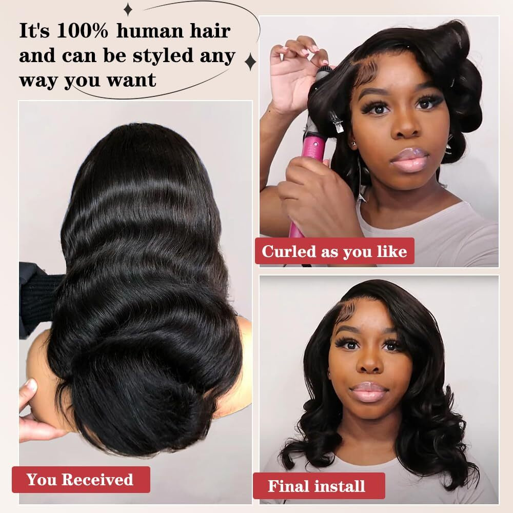 12 Inch Bob Wig Human Hair 13X6 Lace Front Wigs Human Hair Pre Plucked Body Wave Human Hair Wig 180% Density Glueless Wig For Women Natural Black Color