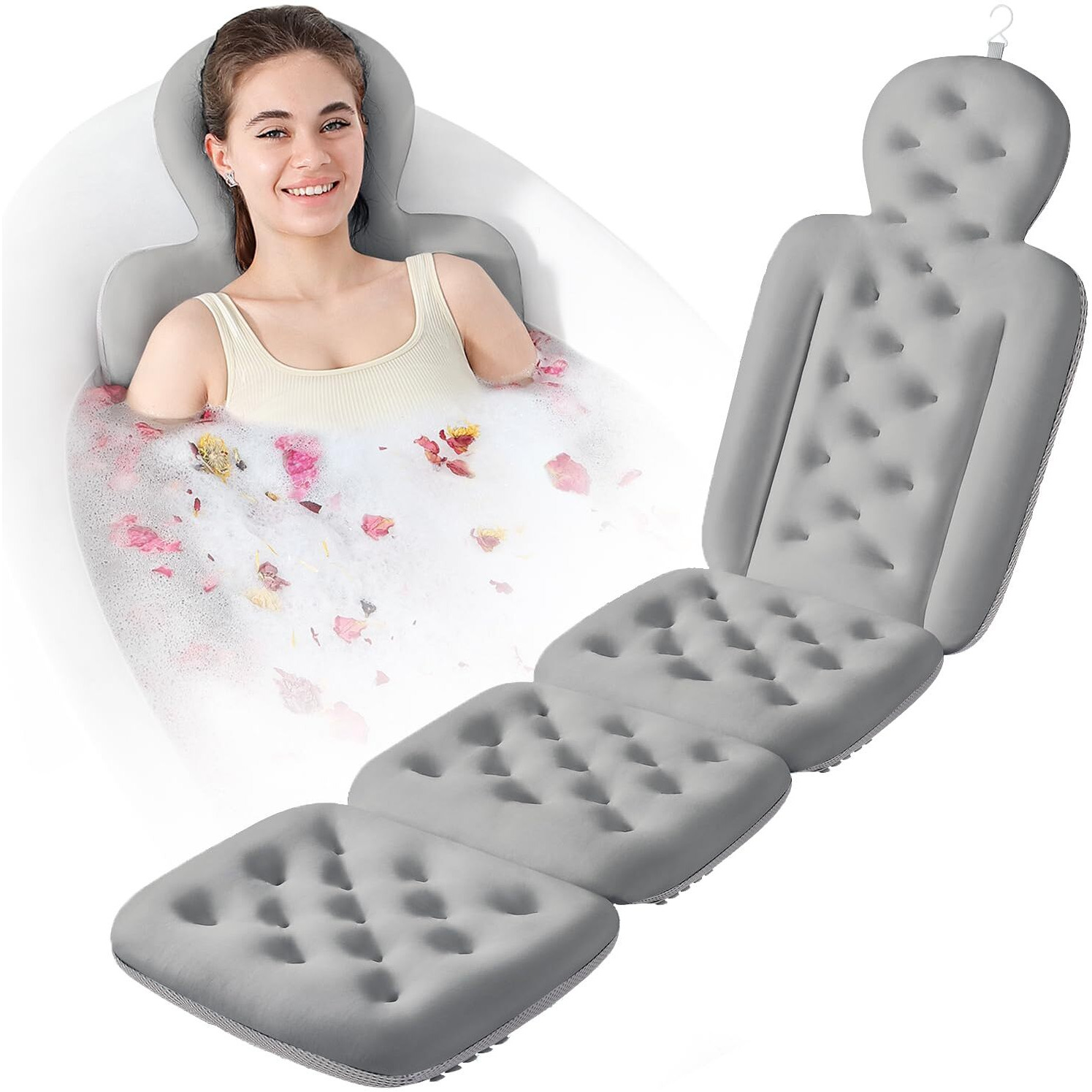 Bath Cushion, Full Body Bathtub Pillow With 160 Suction Cups, Bath Mat For Head And Neck Support, With Laundry Bag (Dark Gray, 60.2"" X 16.2"")