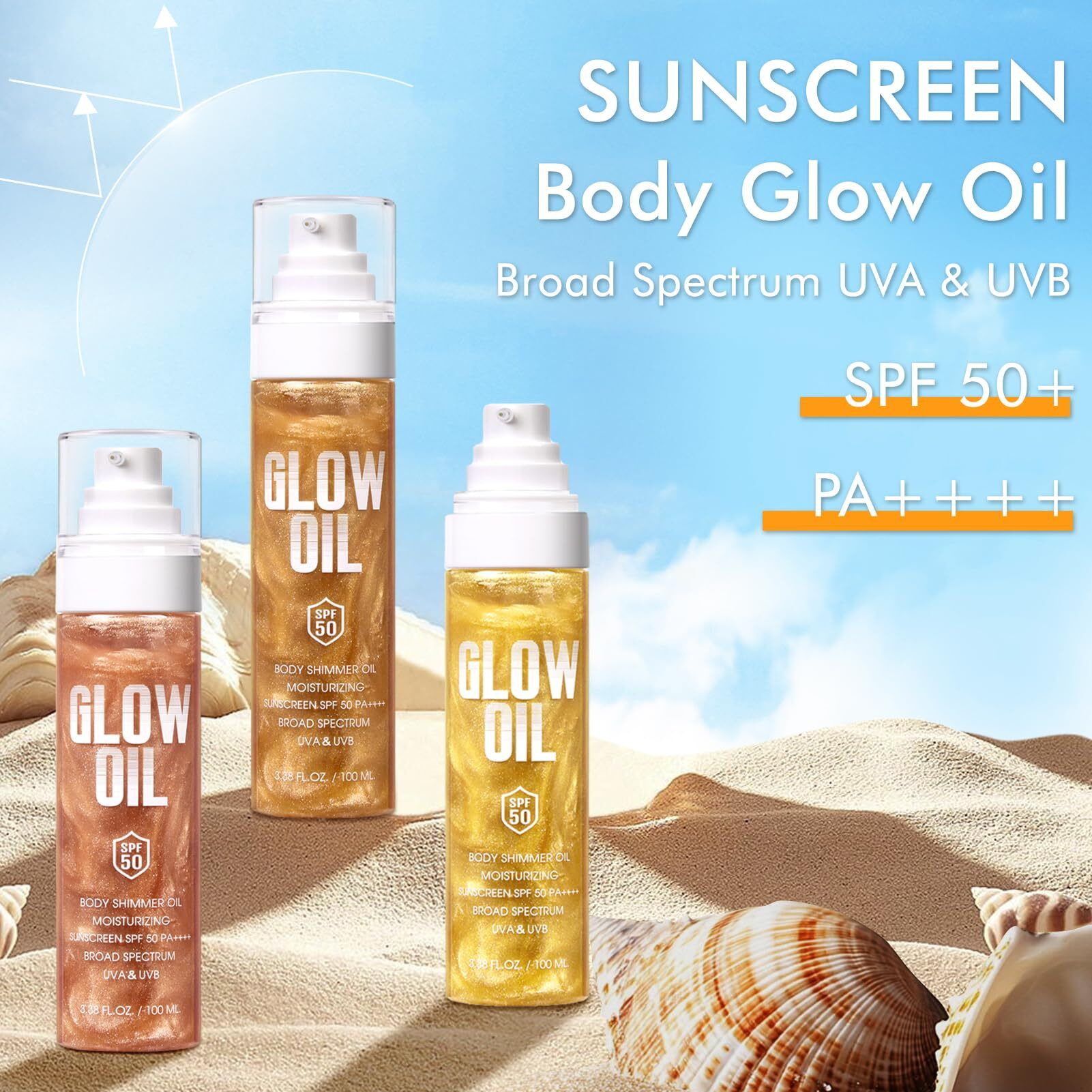 Body Glow Oil, Broad Spectrum Spf 50, Glitter Shimmer Sunscreen Body Oil Lotion With Sequin Mica, Lightweight Non-Sticky Moisturizer With Coconut, Skin Illuminator Glowing Results (03 Gold)