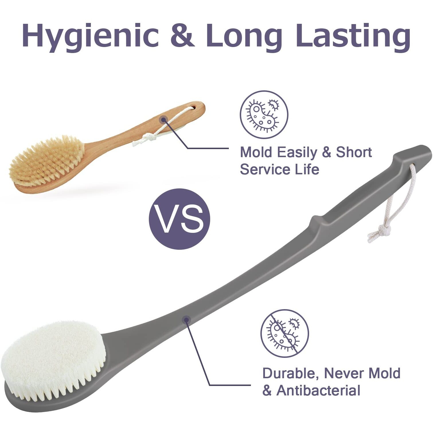 Body Back Scrubber - 17'' Long Handle Shower Brush, Durable Exfoliator For Dry & Wet Use, Deep Cleansing & Gentle Exfoliation For Smooth Skin - For Men, Women & Elderly (Gray)