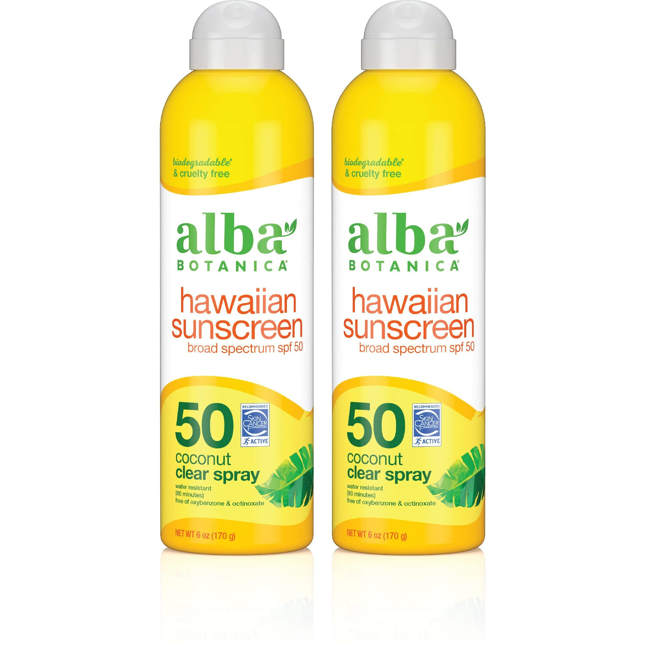Alba Botanica Sunscreen Spray For Face And Body, Broad Spectrum Spf 50 Sunscreen, Hawaiian Coconut, Water Resistant And Biodegradable, 6 Fl. Oz. Bottle (Pack Of 2)