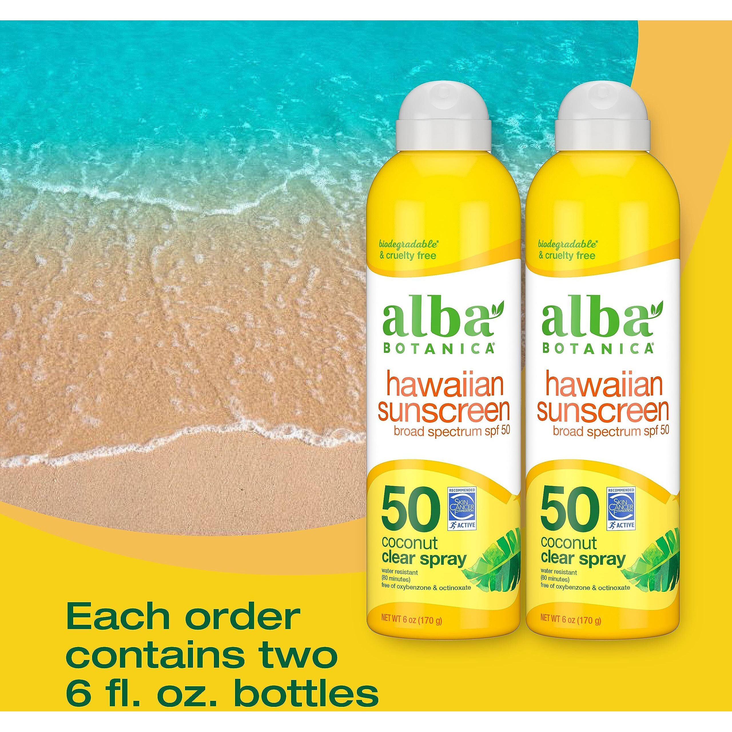 Alba Botanica Sunscreen Spray For Face And Body, Broad Spectrum Spf 50 Sunscreen, Hawaiian Coconut, Water Resistant And Biodegradable, 6 Fl. Oz. Bottle (Pack Of 2)