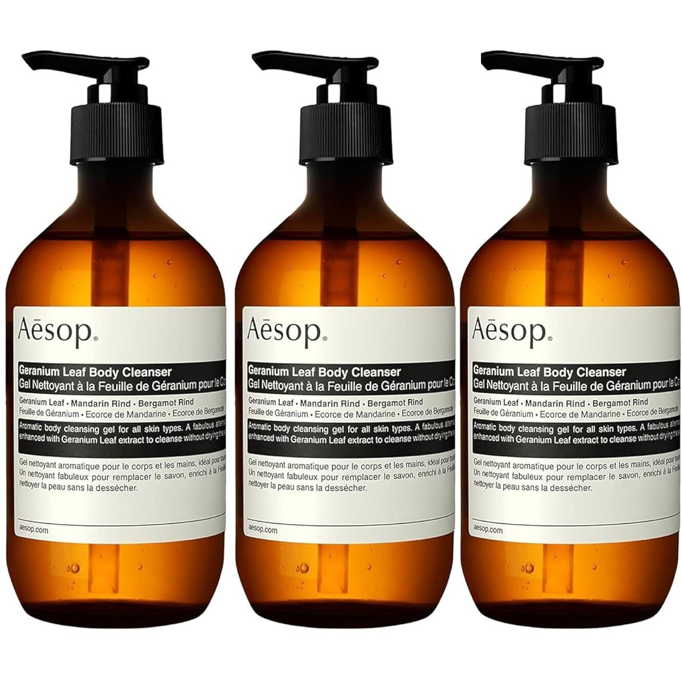 Aesop Geranium Leaf Body Cleanser | Non-Drying Gentle Cleanser | Geranium Leaf, Mandarin Rind, Bergamot Rind | 16.9 Oz / 500Ml (Pack Of 3)