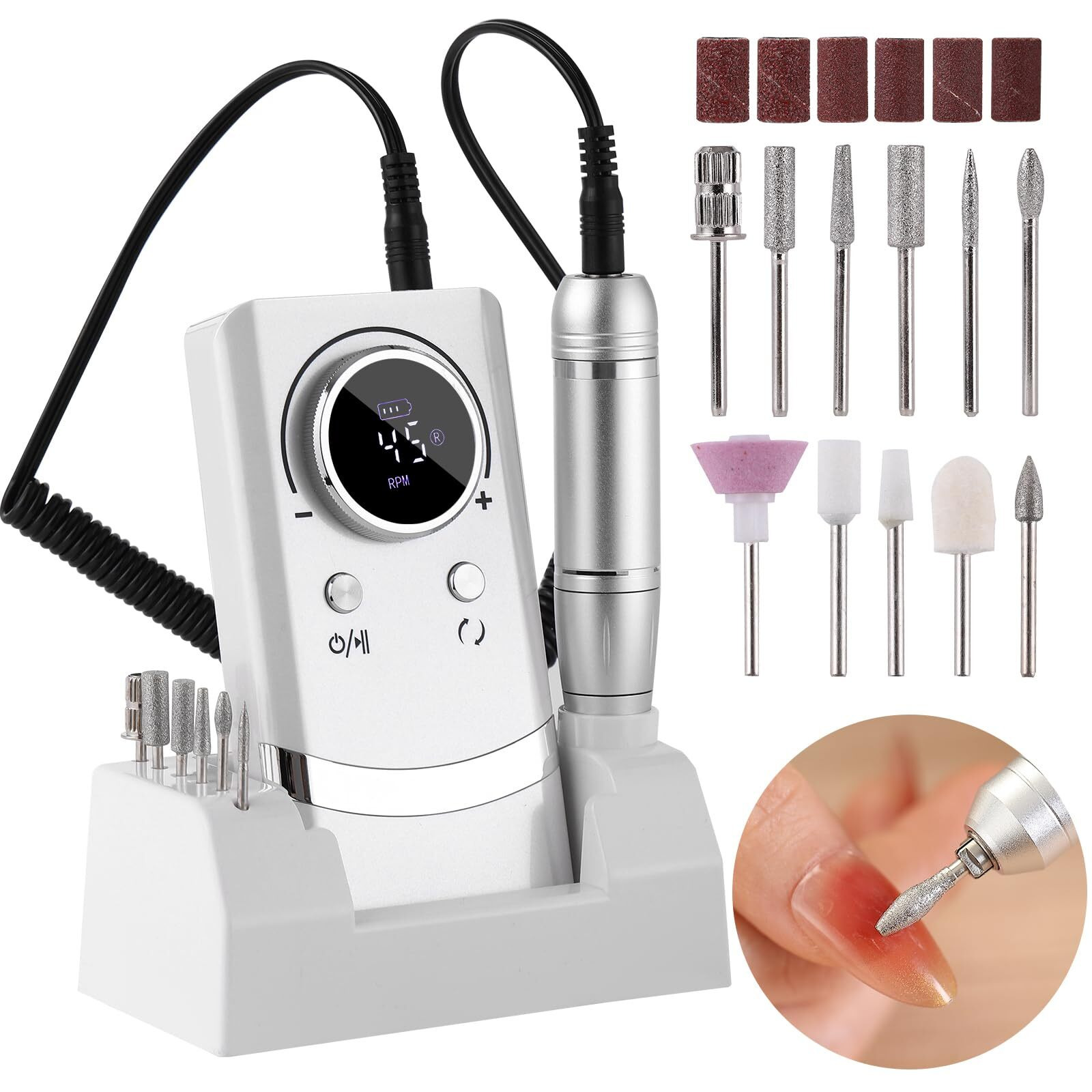 Electric 45000Rpm Nail Drill Machine Rechargeable Portable Nail File Electric Diy Nail Drill Kit With Smart Lcd Screen For Gel Nail Manicure And Pedicure Reflective Body Etc (White)