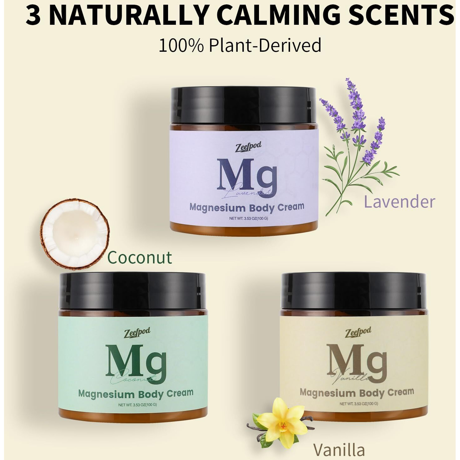 Magnesium Cream ,Topical Magnesium Cream For For Sleep,Leg Cramps & Pain, Muscle Relaxation, Calm,3-Pack With Lavender, Vanilla & Coconut Scents,Moisturizing Body Lotion, Safe For Kids (3 X 3.53Oz)