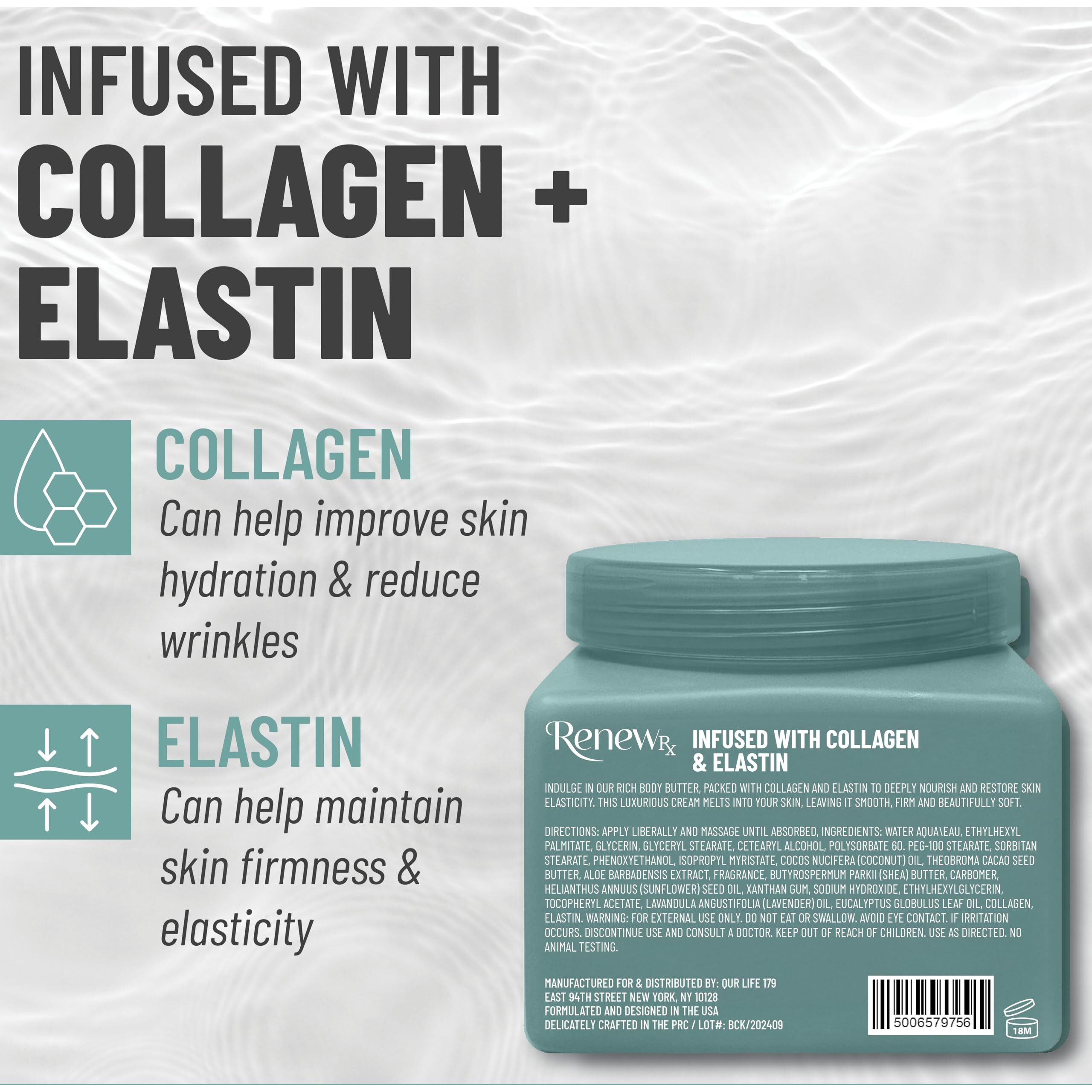 Renew Rx Collagen + Elastin Skin Strengthening Body Butter For Dry Skin - Hydrating & Firming Skin Care, Vegan Skincare, 16 Oz