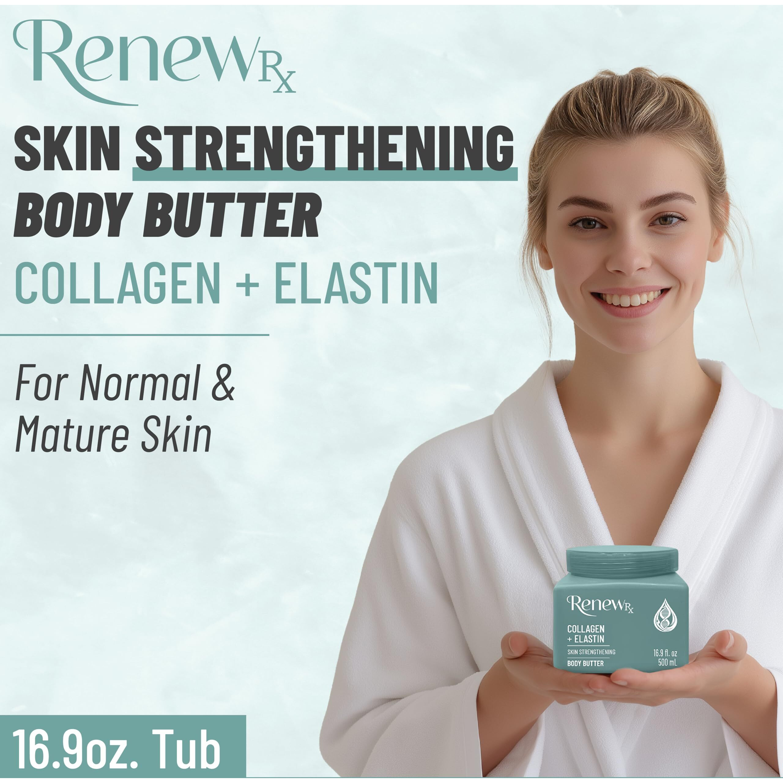 Renew Rx Collagen + Elastin Skin Strengthening Body Butter For Dry Skin - Hydrating & Firming Skin Care, Vegan Skincare, 16 Oz