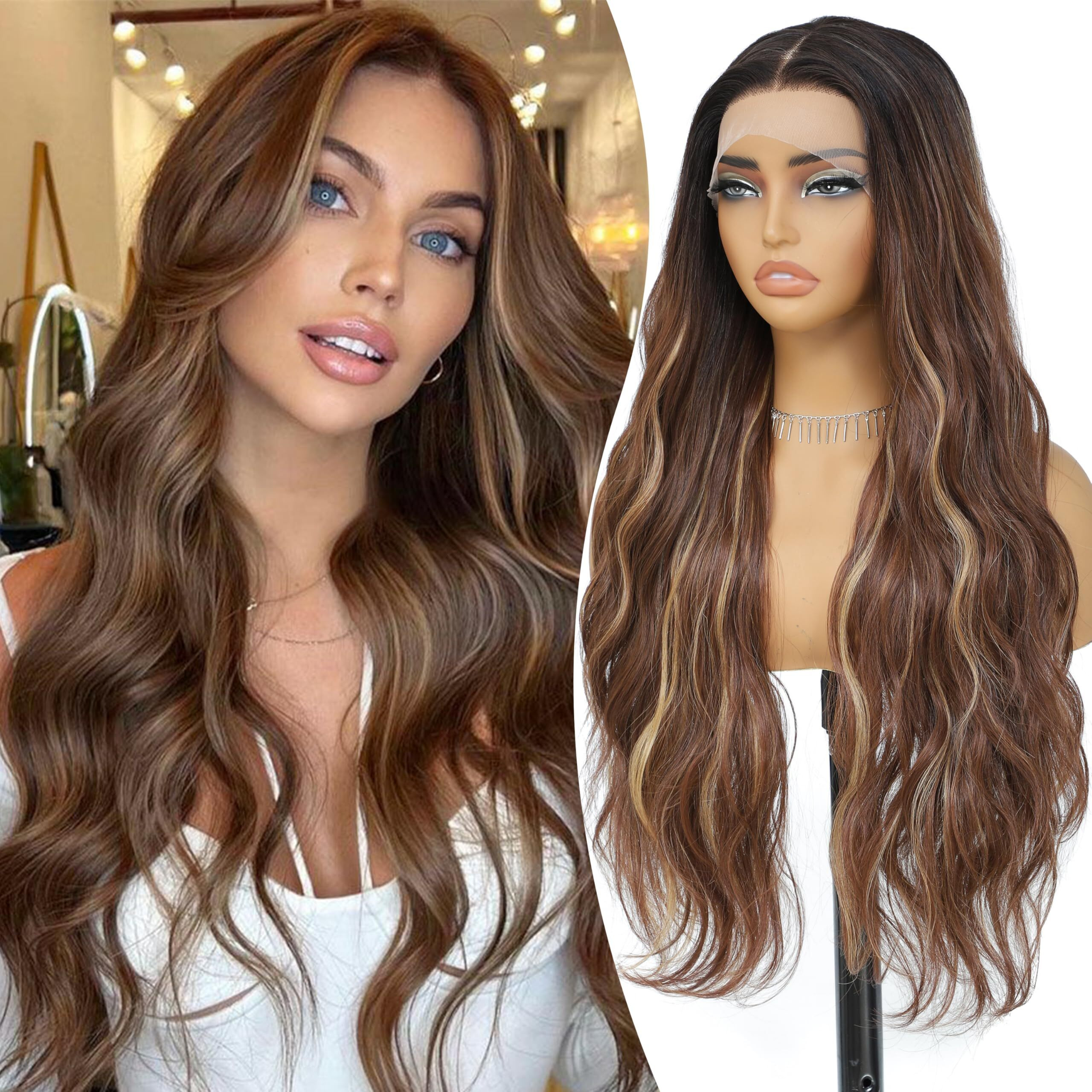 Higlight Blond Lace Front Wig 28 Inch Long Wavy Natural Wave Wigs 13  4  1 Pre Plucked Glueless Wig Synthetic Hair For Women Loose Body Wave With Natural Hairline Heat Resistant Synthetic Wavy Wig