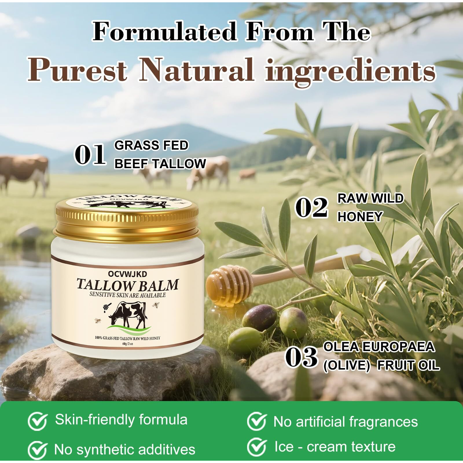 Ocvwjkd Beef Tallow & Honey Balm, Beef Tallow For Skin, 3 Packs All-Natural Moisturizer Hydrates And Nourishes The Skin, Grass-Fed Beef Tallow & Raw Wild Honey Blend, Body & Face Moisturizer (6 Oz)