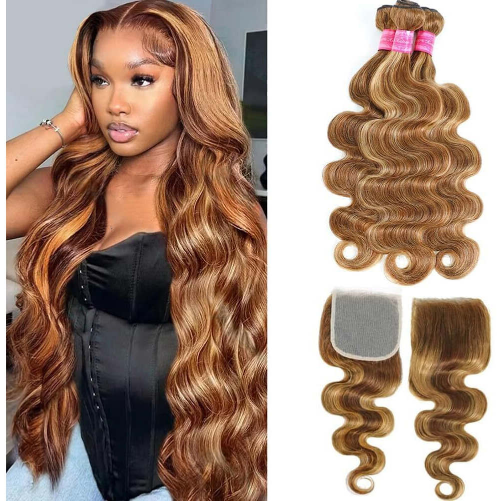Honey Blonde Highlight Human Hair Body Wave Bundles With 5X5 Closure 100% Unprocessed Brazilian Highlight Body Wave 3 Bundles With 5X5 Transparent Swiss Lace Closure Piano Color