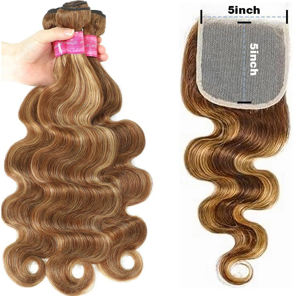 Honey Blonde Highlight Human Hair Body Wave Bundles With 5X5 Closure 100% Unprocessed Brazilian Highlight Body Wave 3 Bundles With 5X5 Transparent Swiss Lace Closure Piano Color