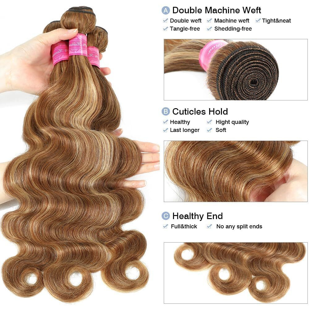 Honey Blonde Highlight Human Hair Body Wave Bundles With 5X5 Closure 100% Unprocessed Brazilian Highlight Body Wave 3 Bundles With 5X5 Transparent Swiss Lace Closure Piano Color