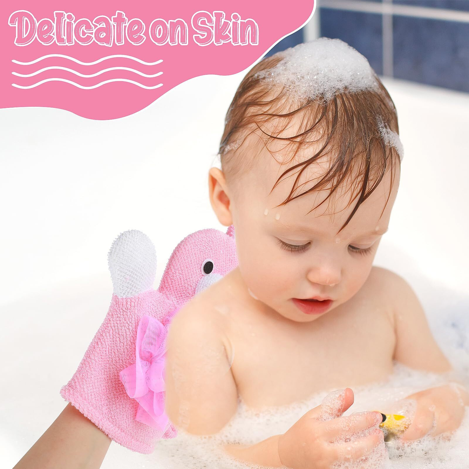 Gjinxi 2 Pcs Bath Mitt Washcloths Gloves, Cute Cartoon Exfoliating Glove Body Scrubber, Gentle Soft Scrub Bath Loofahs Sponges For Kids Shower Washing (Pink Rabbit And Yellow Duck)