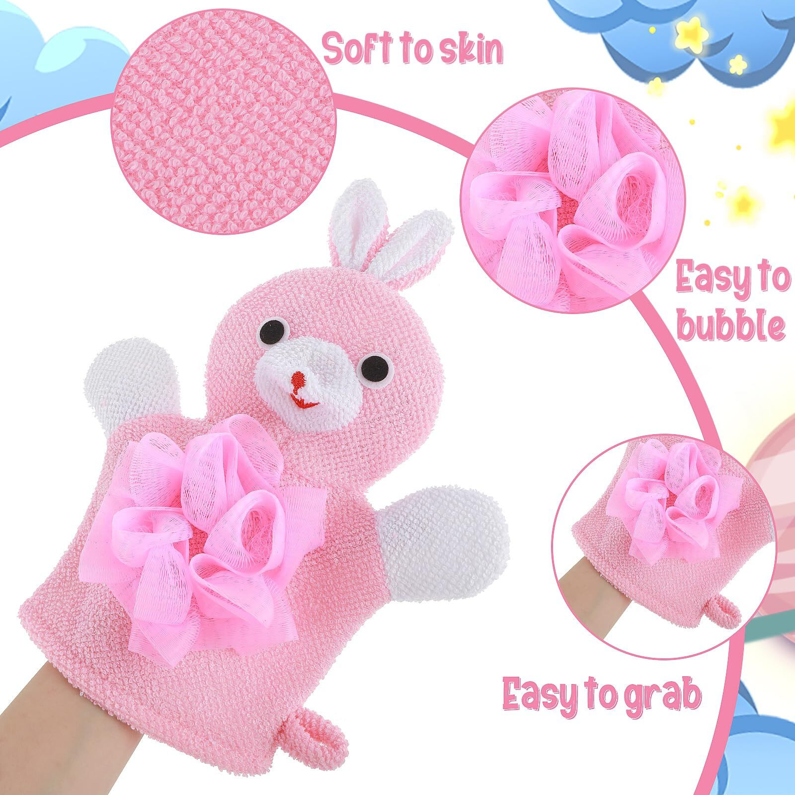 Gjinxi 2 Pcs Bath Mitt Washcloths Gloves, Cute Cartoon Exfoliating Glove Body Scrubber, Gentle Soft Scrub Bath Loofahs Sponges For Kids Shower Washing (Pink Rabbit And Yellow Duck)
