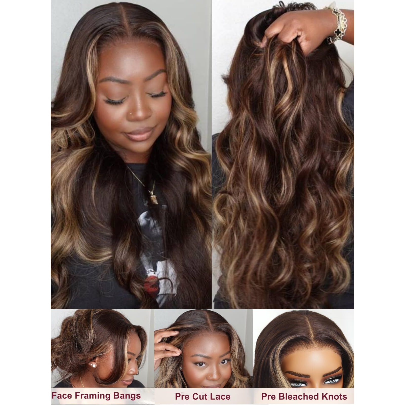 Unice Chocolate Brown With Blonde 7X5 Lace Front Wigs Human Hair Body Wave With Face Framing Bangs Pre Everything Bye Bye Knots Glueless Wig Human Hair Pre Plucked Pre Cut Natural Hairline 22 Inch