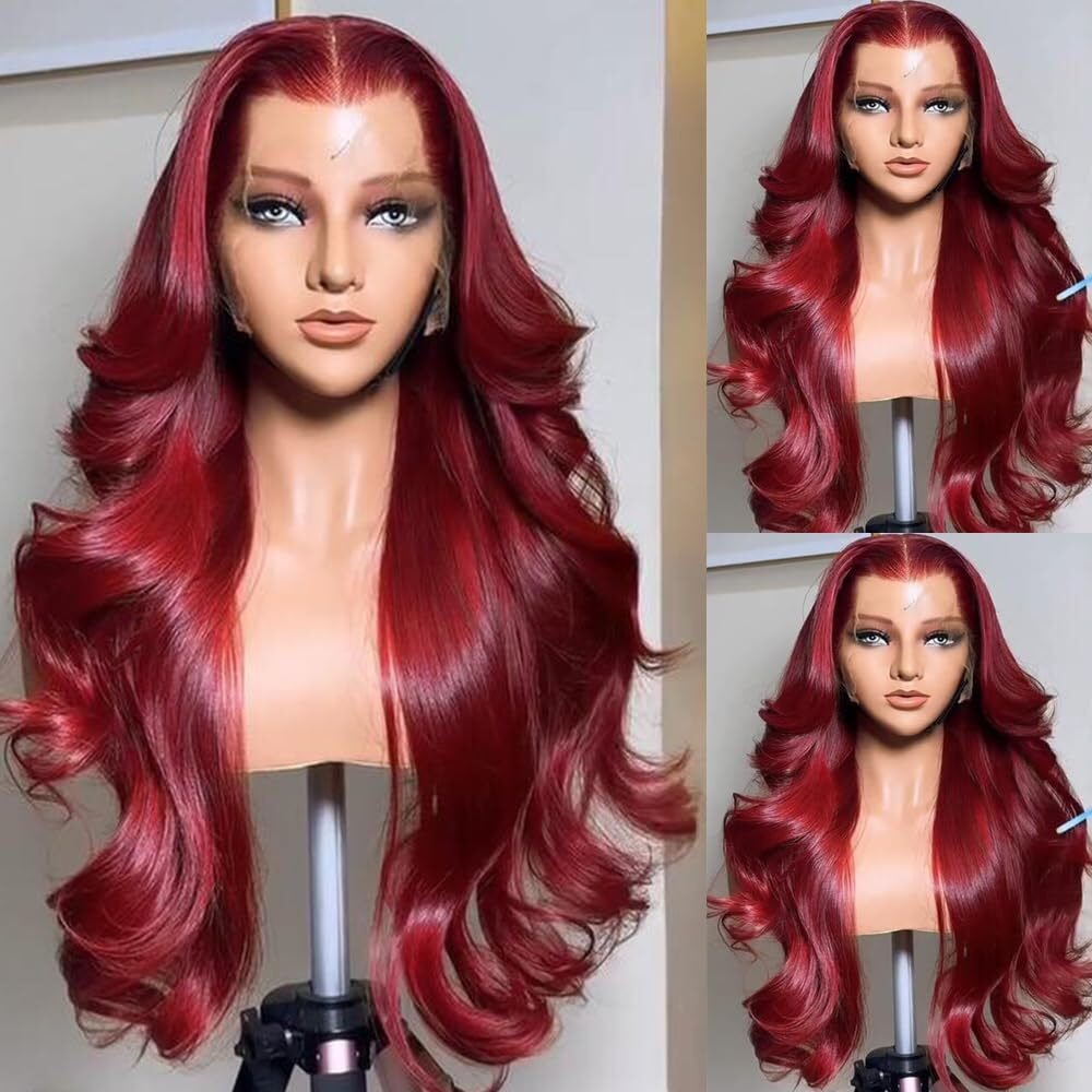 32 Inch Burgundy Body Wave Lace Front Wigs For Women 13*4 Inch Heat Resistant Fiber Super Long Loose Curly Lace Wig With Baby Hair Wine Red Synthetic Glueless Lace Front Wig For Daily Party Use