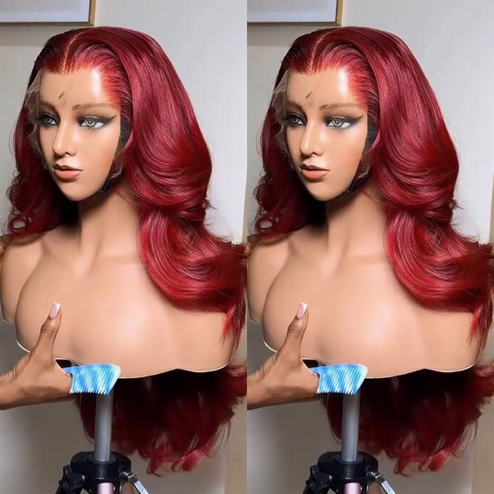 32 Inch Burgundy Body Wave Lace Front Wigs For Women 13*4 Inch Heat Resistant Fiber Super Long Loose Curly Lace Wig With Baby Hair Wine Red Synthetic Glueless Lace Front Wig For Daily Party Use